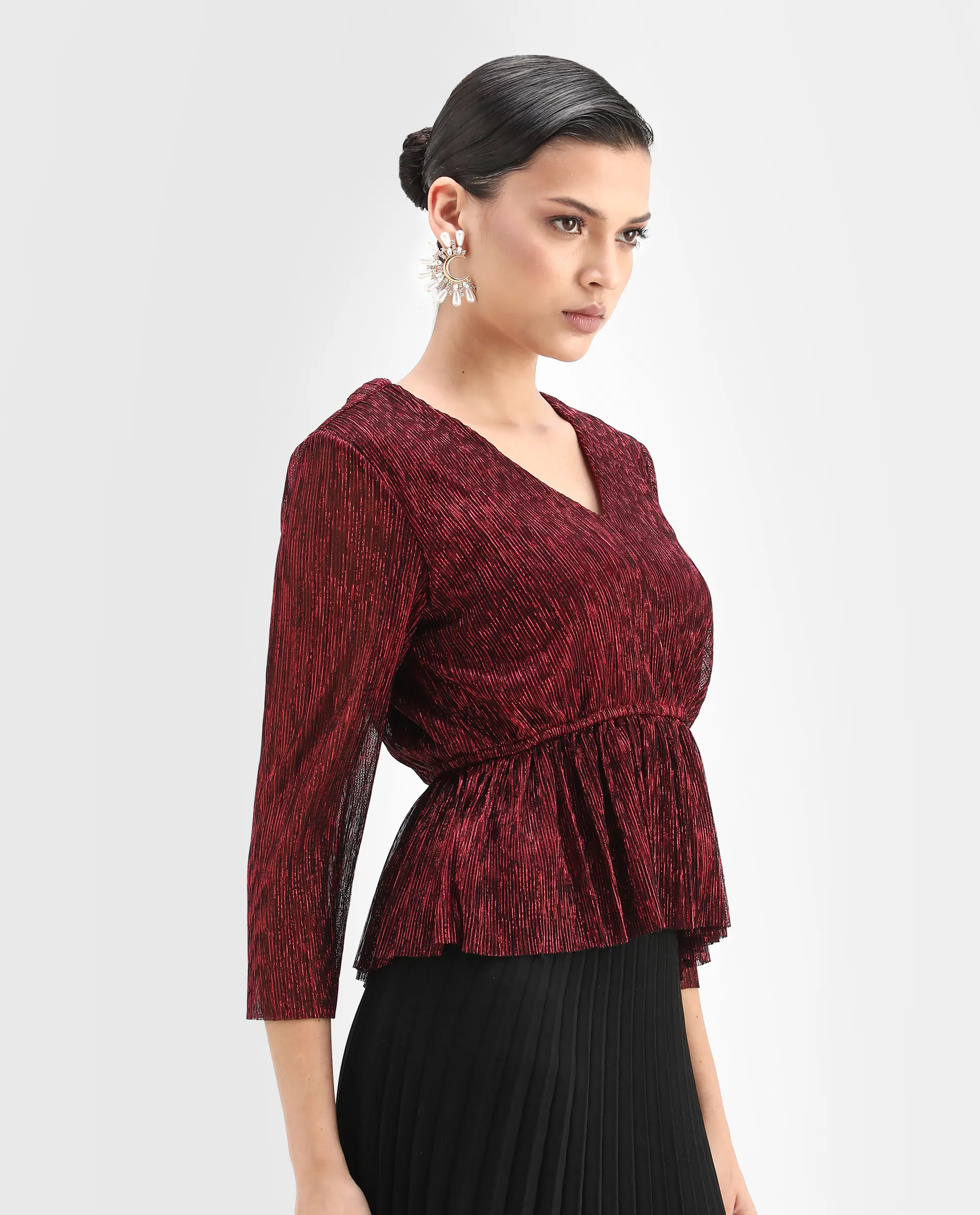 Rareism Women's Odim Metalic Red Polyester V-Neck Shimmer Regular Fit Top - Image 4