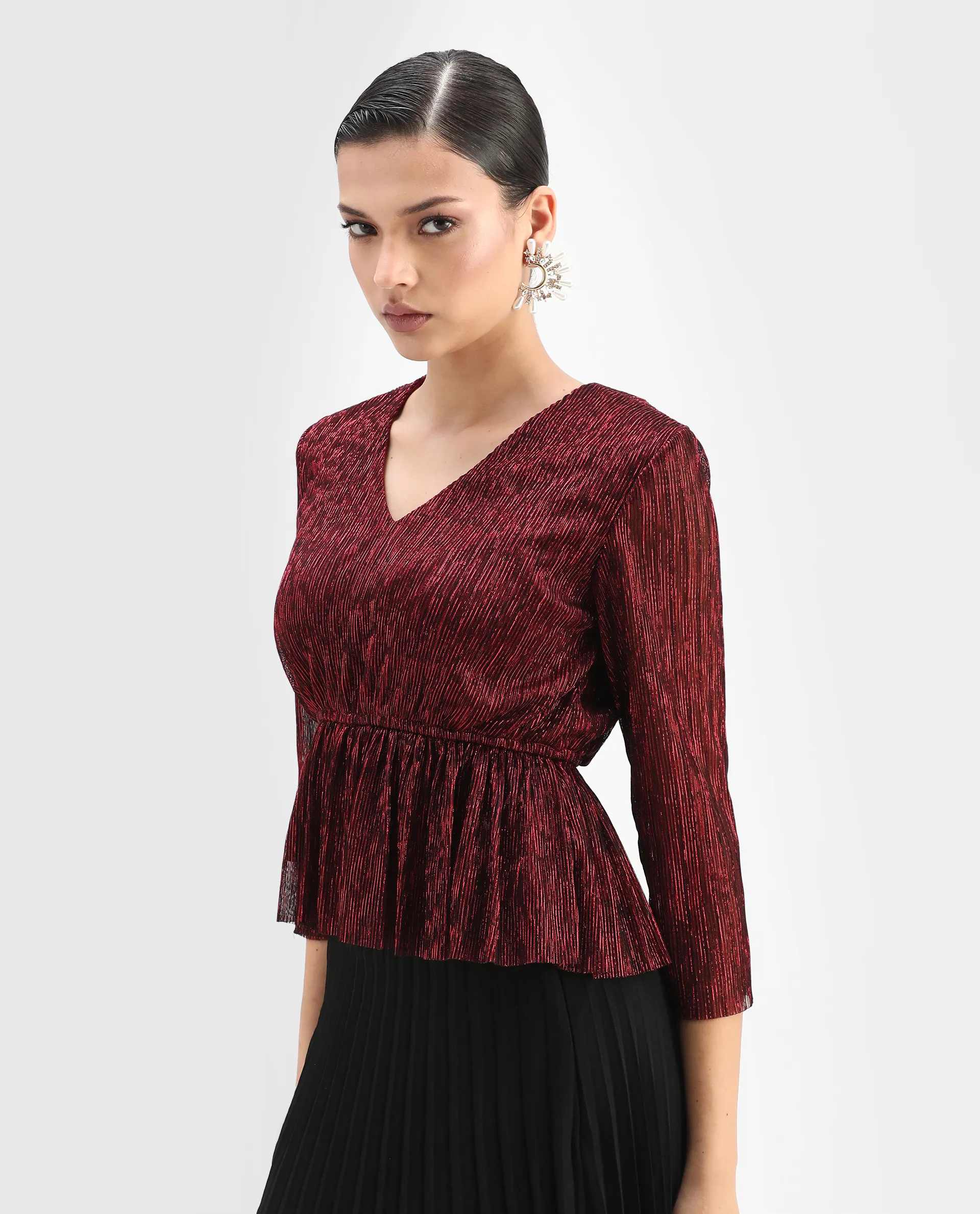 Rareism Women's Odim Metalic Red Polyester V-Neck Shimmer Regular Fit Top - Image 5