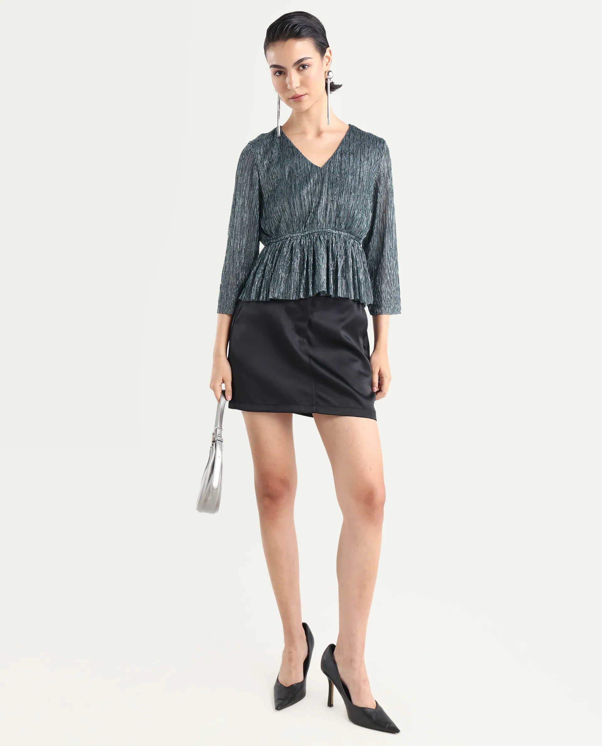 Rareism Women's Odim Metalic Silver Polyester V-Neck Shimmer Regular Fit Top - Image 2