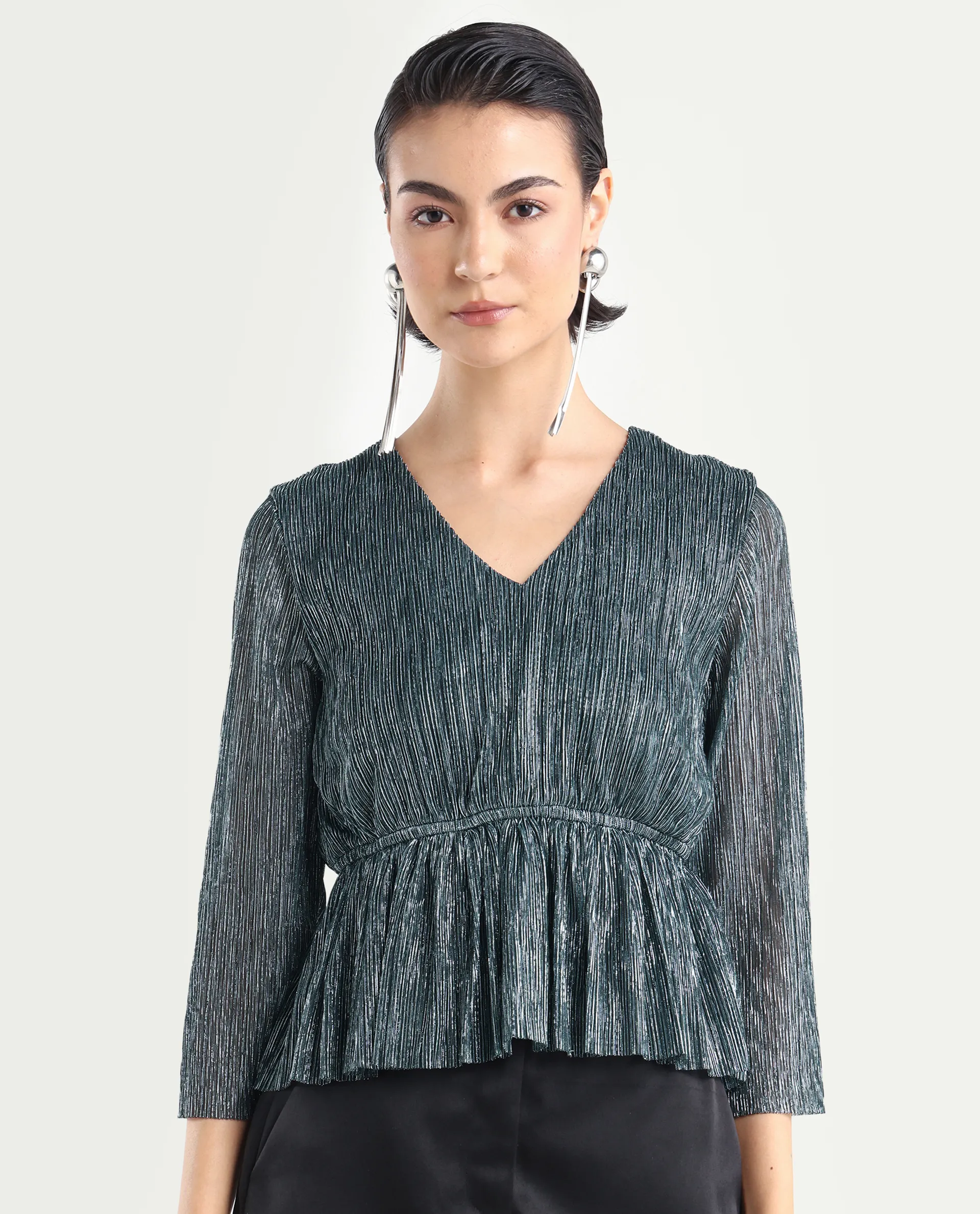 Rareism Women's Odim Metalic Silver Polyester V-Neck Shimmer Regular Fit Top - Image 3