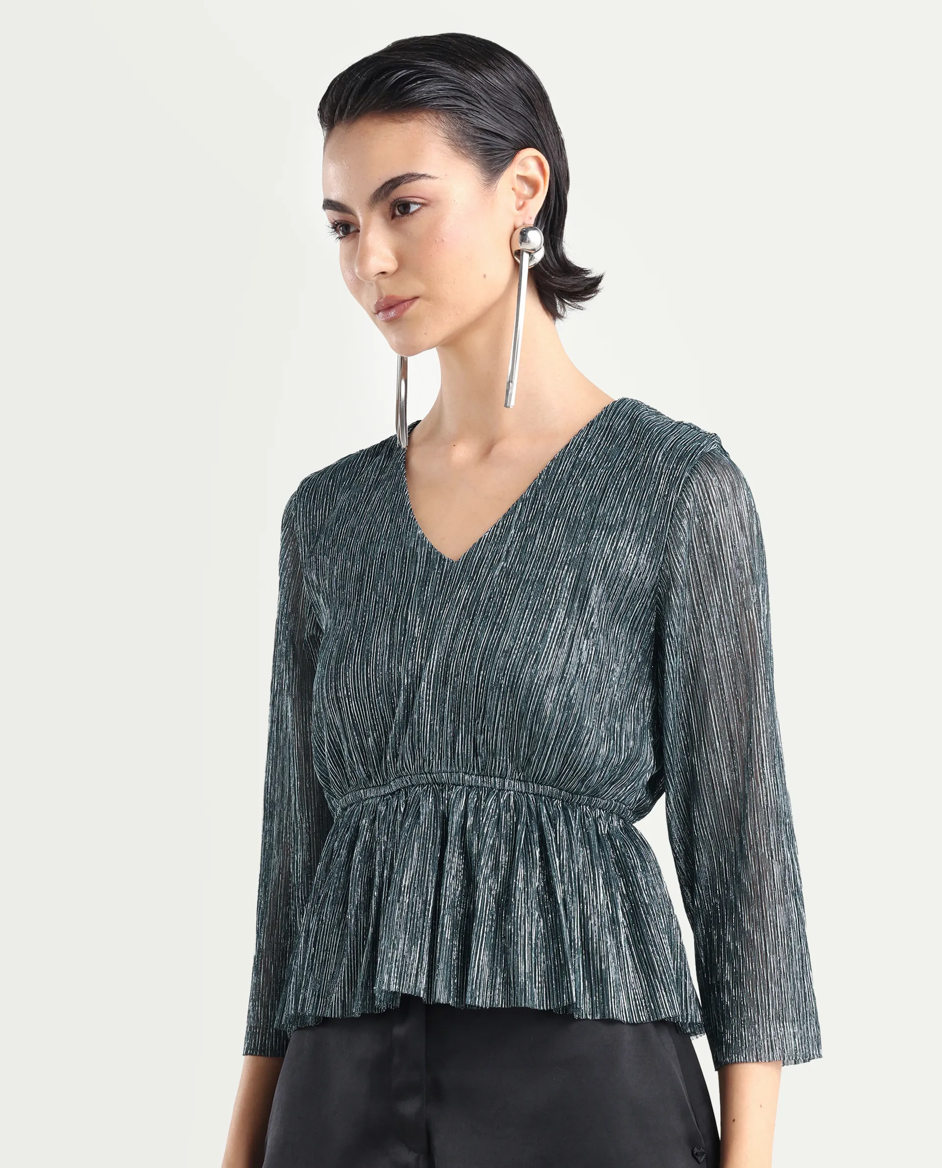Rareism Women's Odim Metalic Silver Polyester V-Neck Shimmer Regular Fit Top - Image 5