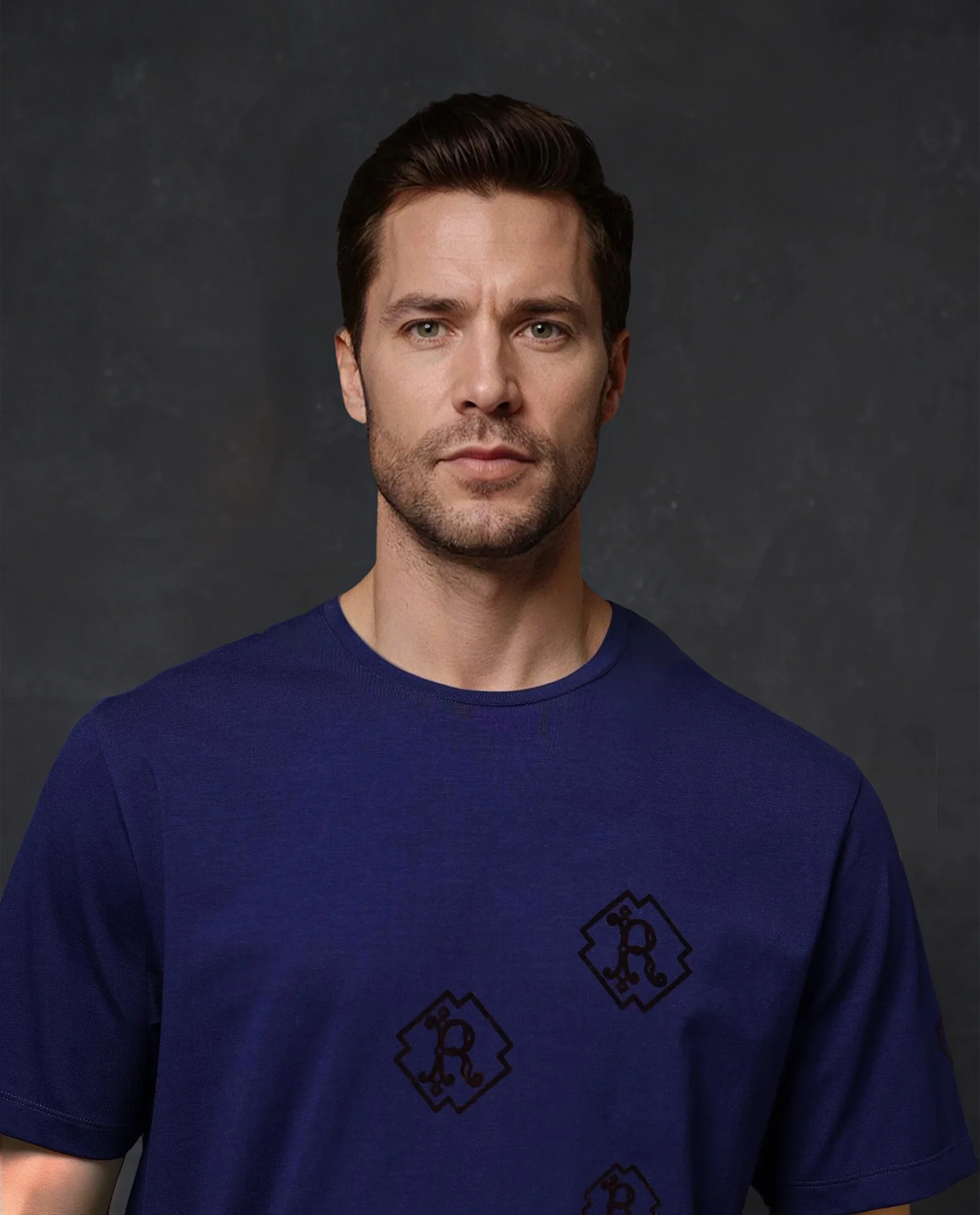 Rare Rabbit Men's Odon Navy Cotton Blend Graphic Print Regular Fit Half Sleeve Crew Neck T-Shirt - Image 2