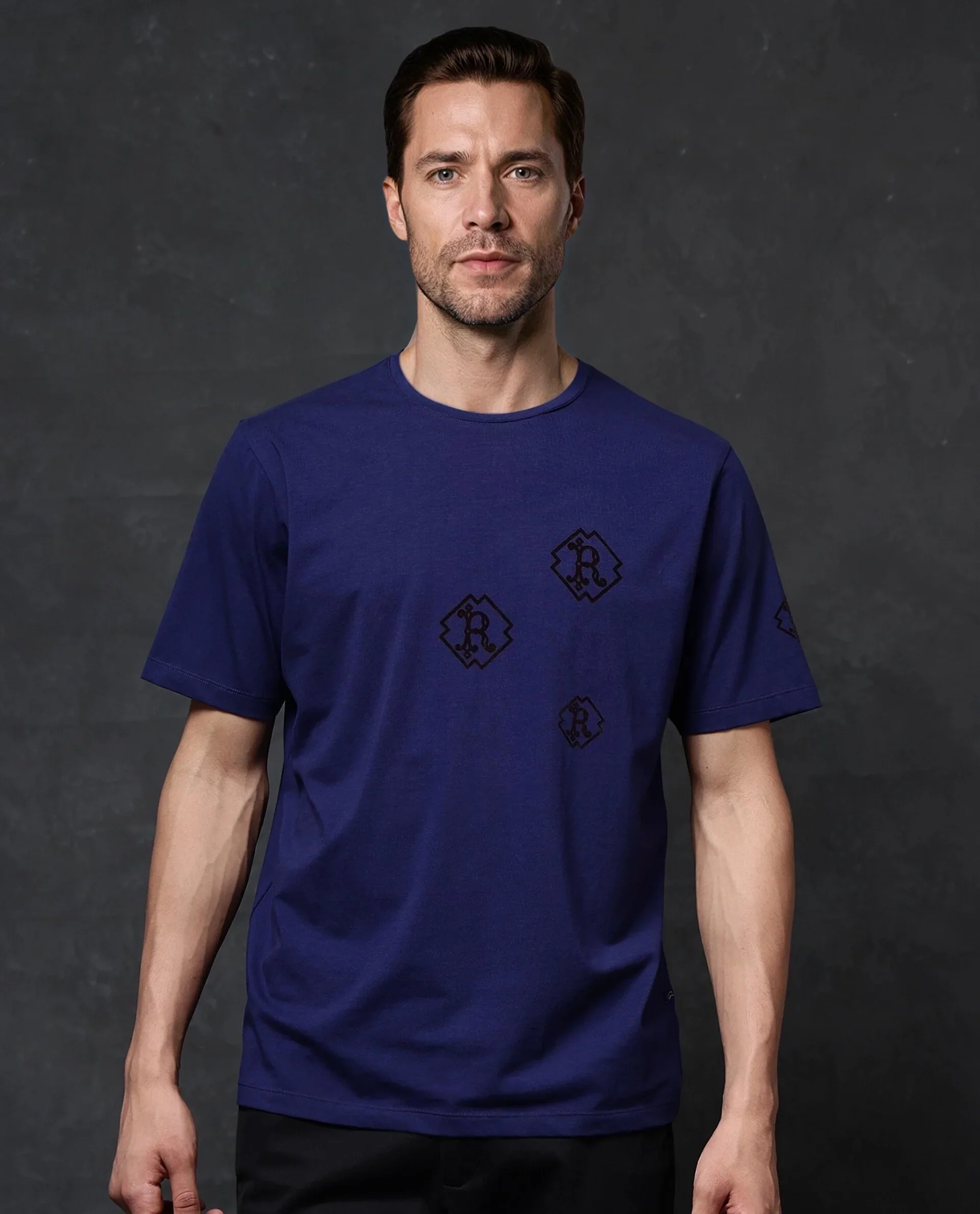 Rare Rabbit Men's Odon Navy Cotton Blend Graphic Print Regular Fit Half Sleeve Crew Neck T-Shirt - Image 5