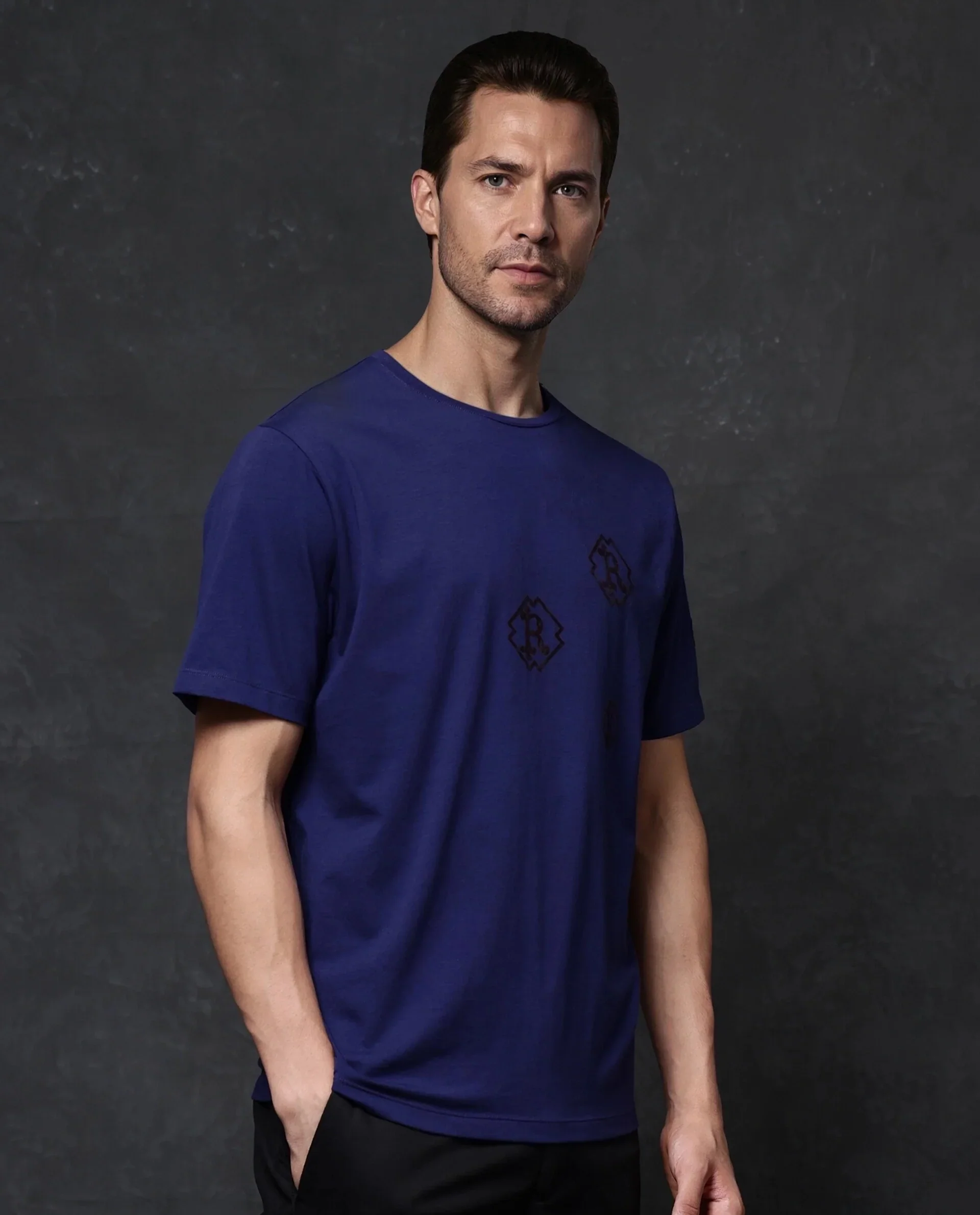 Rare Rabbit Men's Odon Navy Cotton Blend Graphic Print Regular Fit Half Sleeve Crew Neck T-Shirt - Image 7