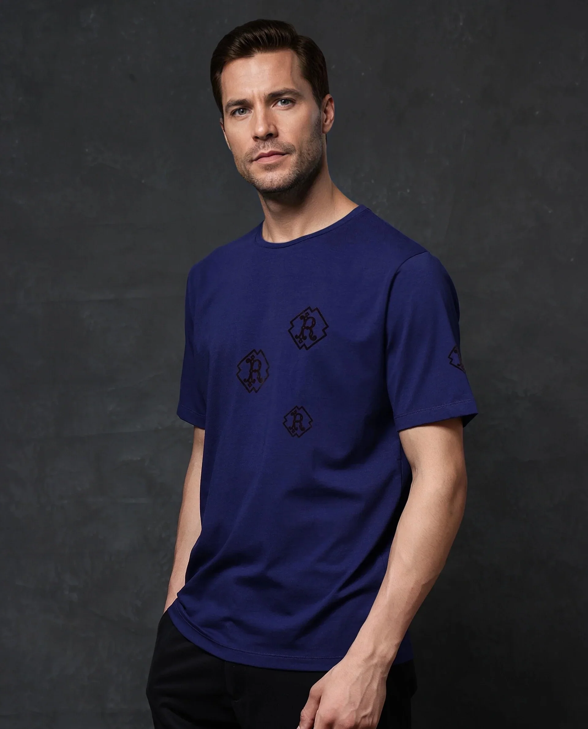 Rare Rabbit Men's Odon Navy Cotton Blend Graphic Print Regular Fit Half Sleeve Crew Neck T-Shirt - Image 8