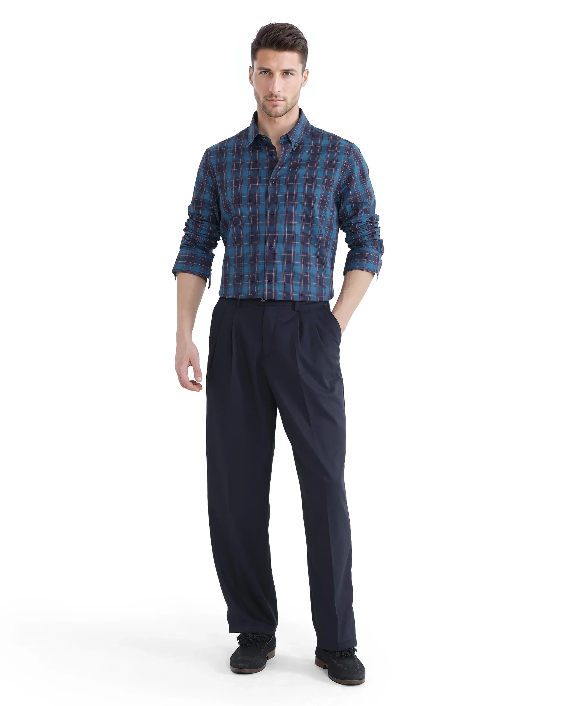 Rare Rabbit Men's Odra Blue Checked Print Boxy Fit Full Sleeve Collared Shirt - Image 2