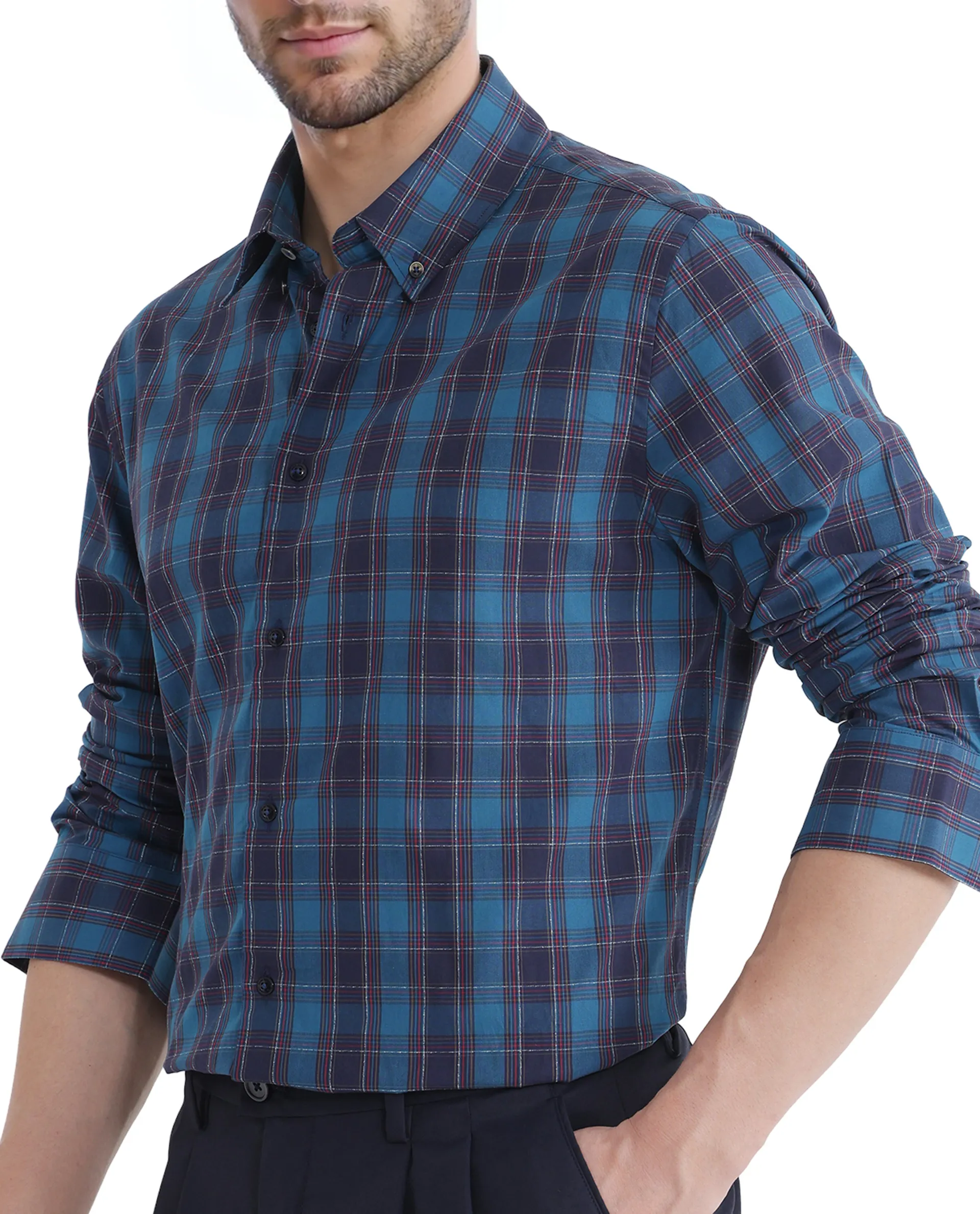Rare Rabbit Men's Odra Blue Checked Print Boxy Fit Full Sleeve Collared Shirt - Image 3