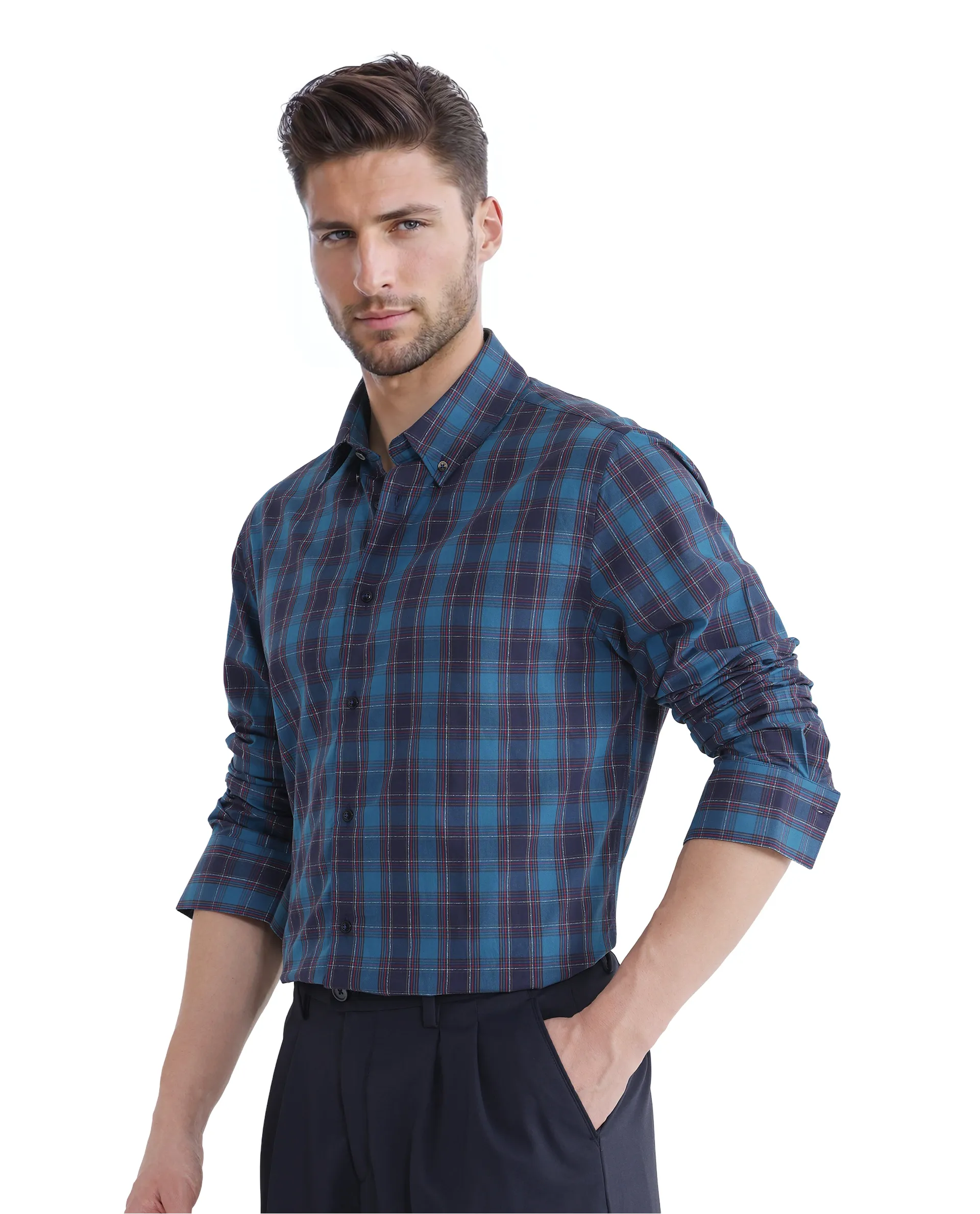 Rare Rabbit Men's Odra Blue Checked Print Boxy Fit Full Sleeve Collared Shirt - Image 5