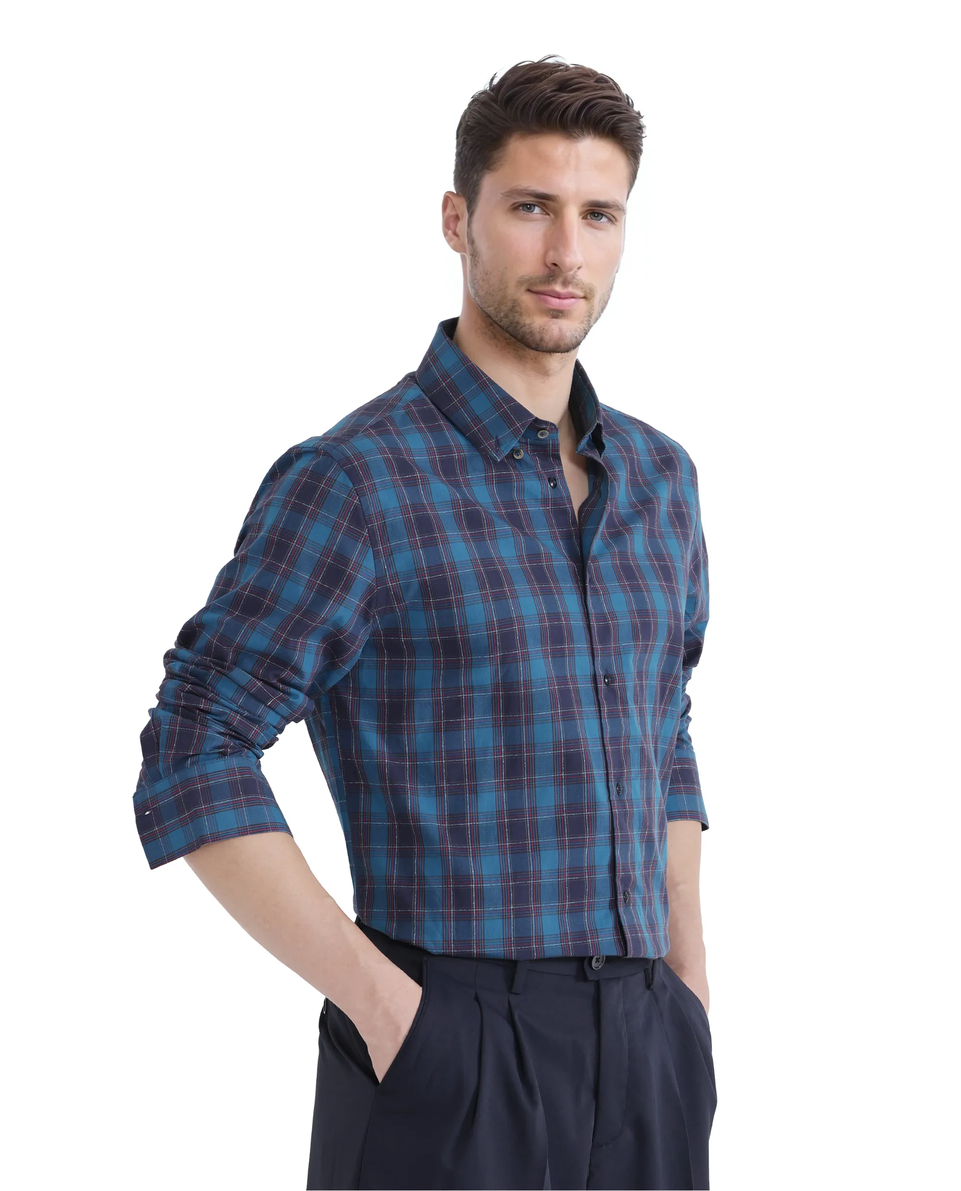 Rare Rabbit Men's Odra Blue Checked Print Boxy Fit Full Sleeve Collared Shirt - Image 6