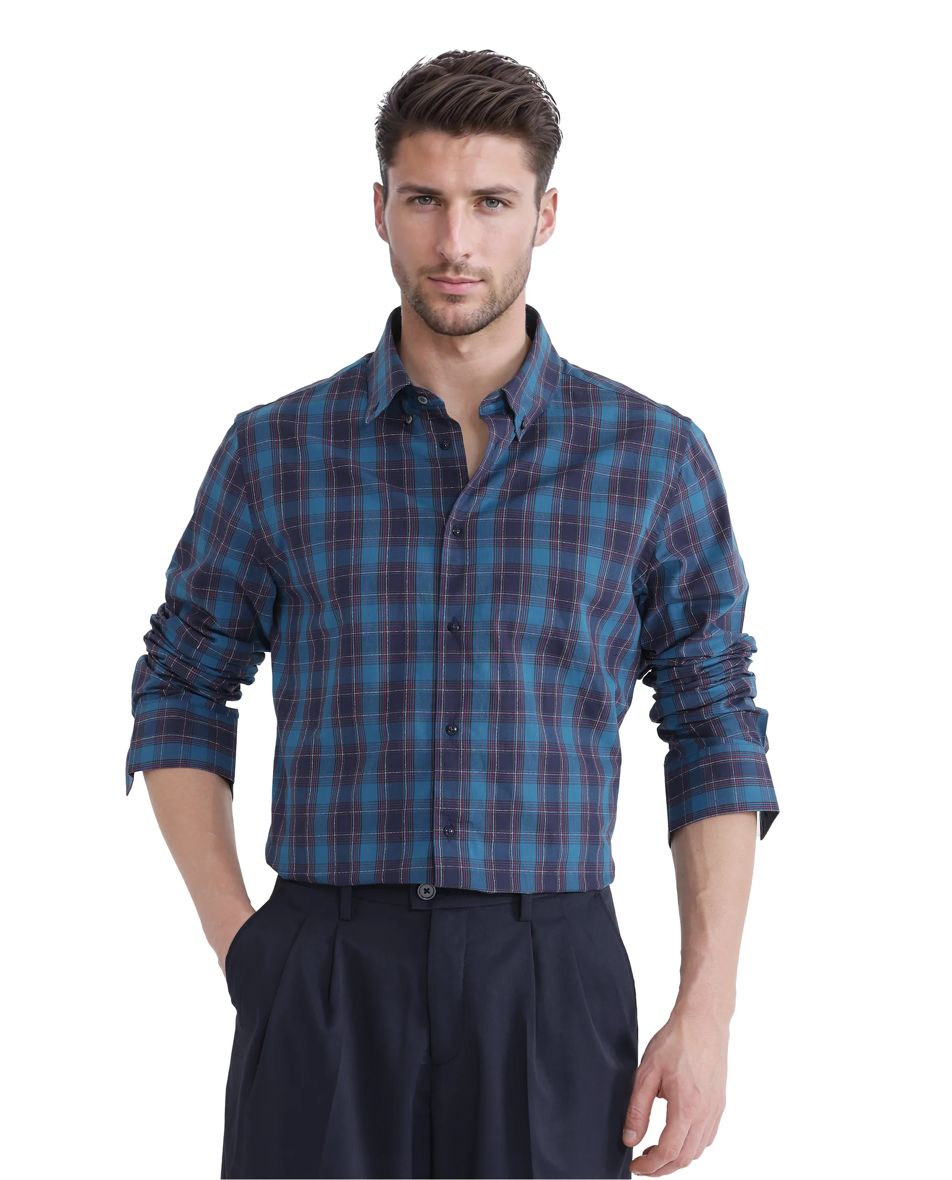 Rare Rabbit Men's Odra Blue Checked Print Boxy Fit Full Sleeve Collared Shirt - Image 7