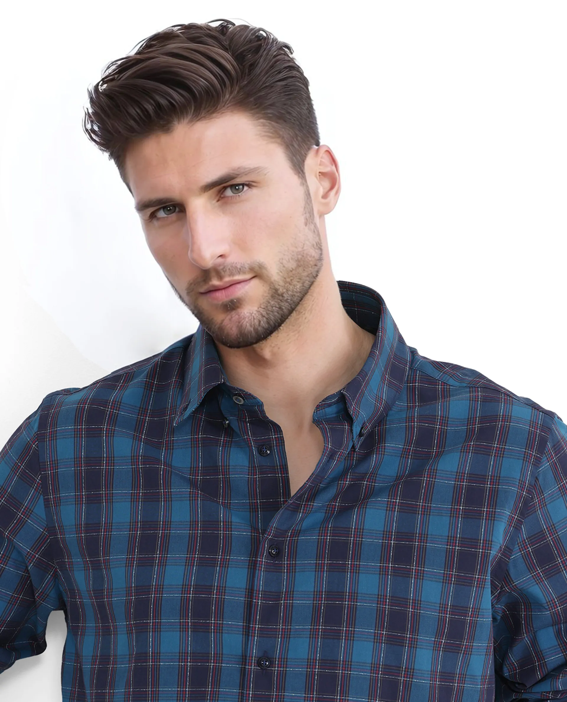 Rare Rabbit Men's Odra Blue Checked Print Boxy Fit Full Sleeve Collared Shirt - Image 8