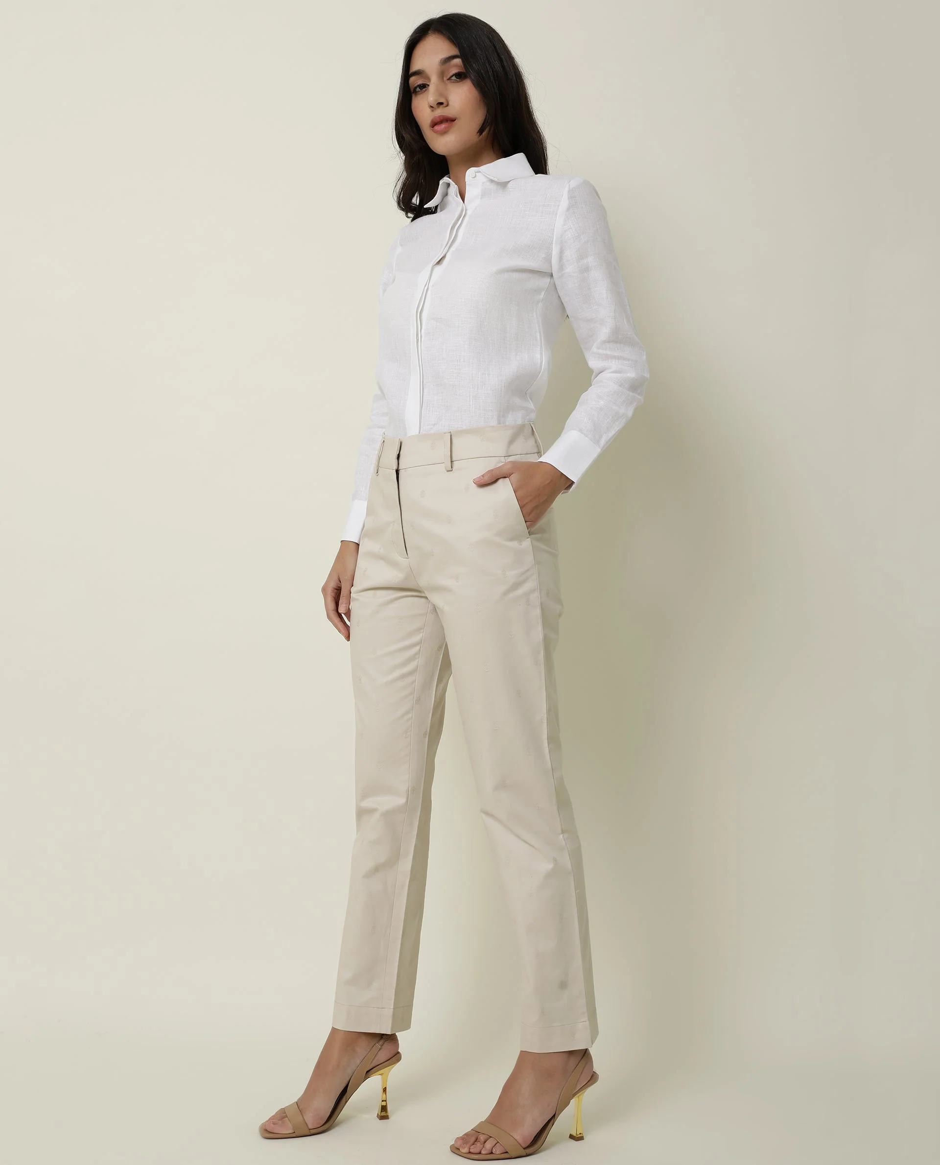 Rareism Women's Odyssey Beige Viscose Plain Ankle Length Tailored Trouser