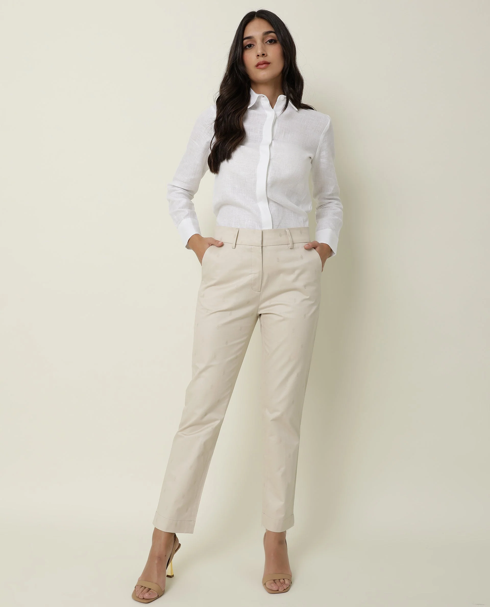 Rareism Women's Odyssey Beige Viscose Plain Ankle Length Tailored Trouser - Image 7