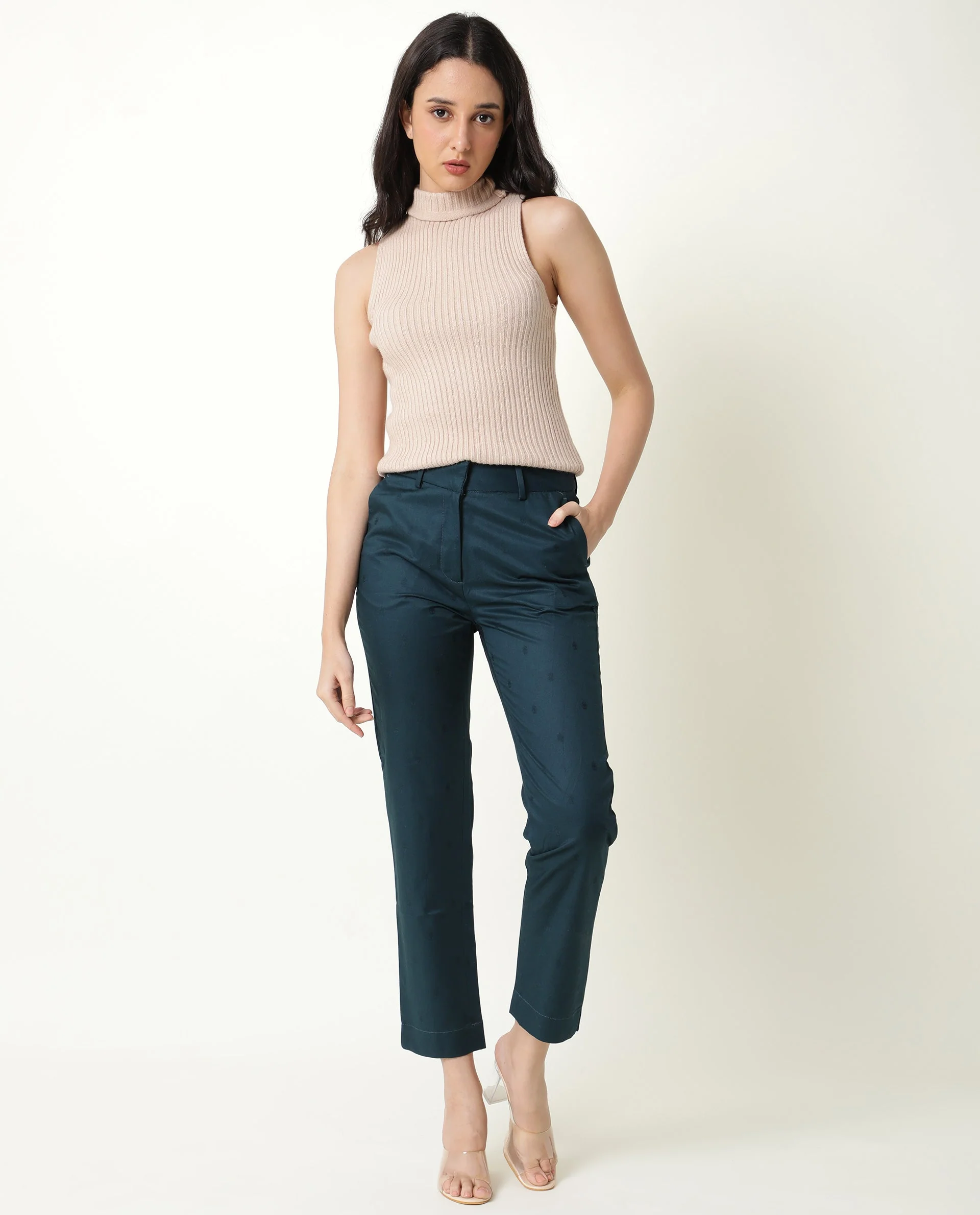 Rareism Women's Odyssey Petrol Viscose Plain Ankle Length Tailored Trouser