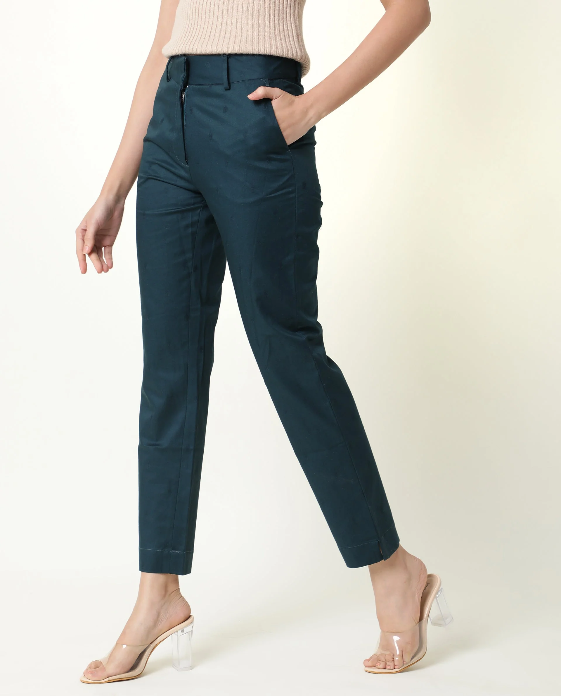 Rareism Women's Odyssey Petrol Viscose Plain Ankle Length Tailored Trouser - Image 4