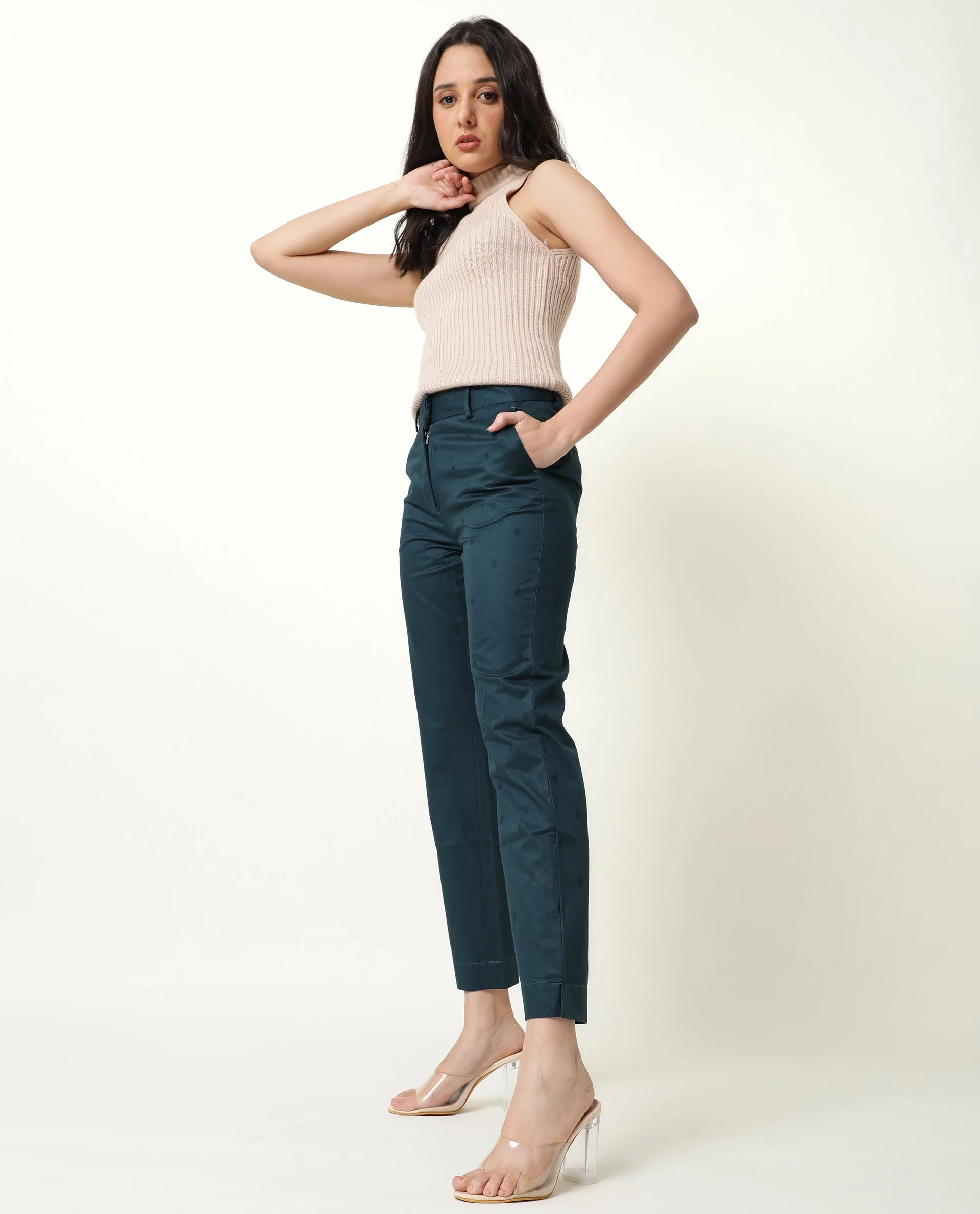 Rareism Women's Odyssey Petrol Viscose Plain Ankle Length Tailored Trouser - Image 7