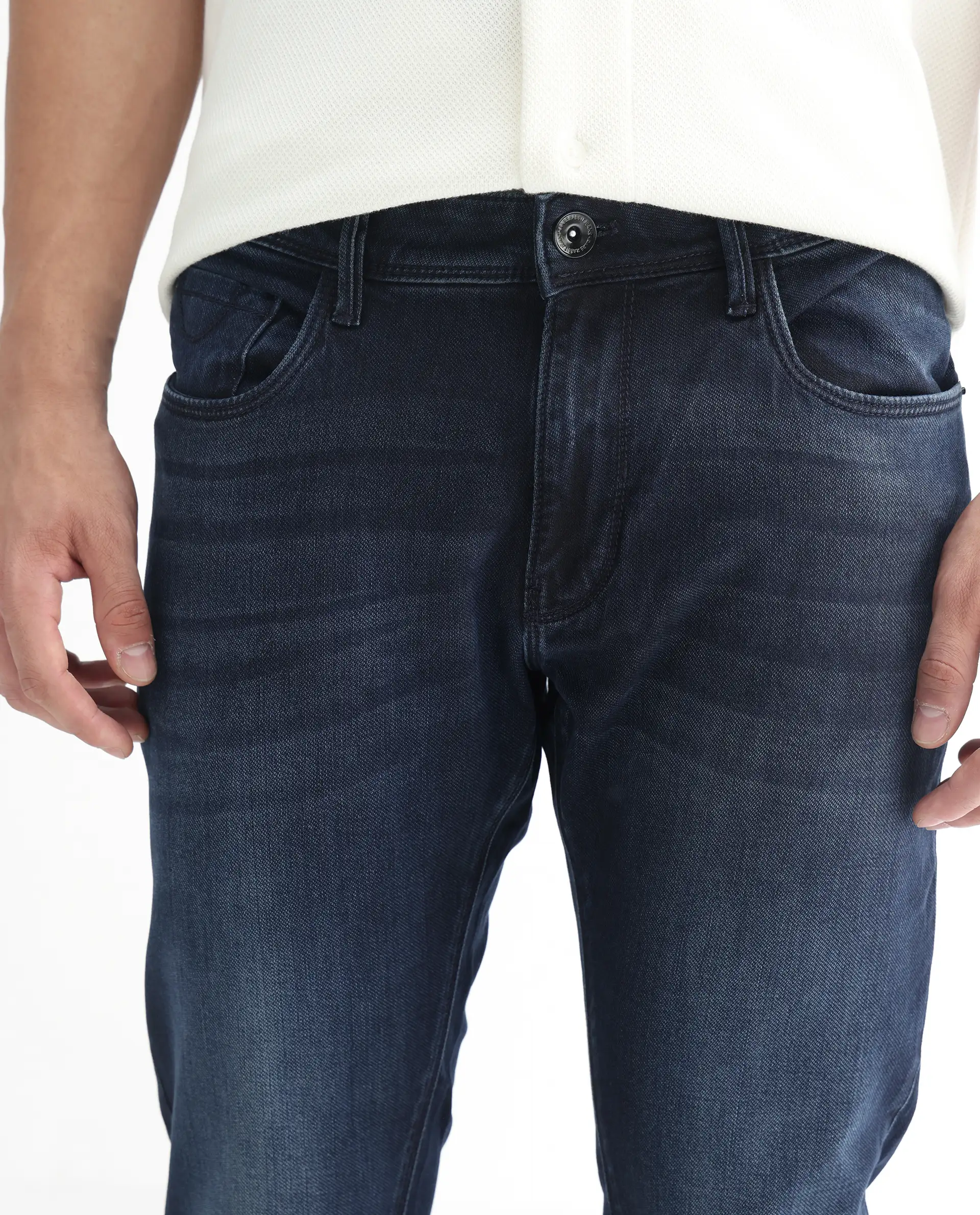 Rare Rabbit Men's Oeko Navy Cotton Plain Hawk Slim Fit Jeans - Image 3
