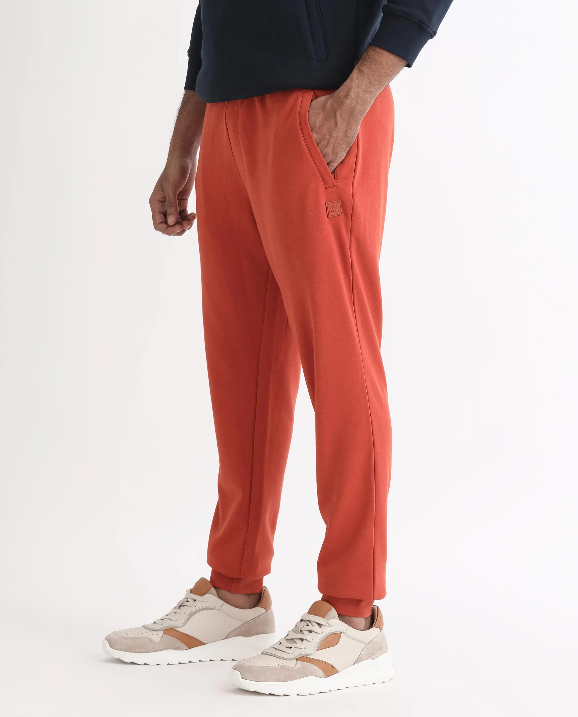Rare Rabbit Men's Ogano Rust Cotton Plain Regular Fit Joggers - Image 4