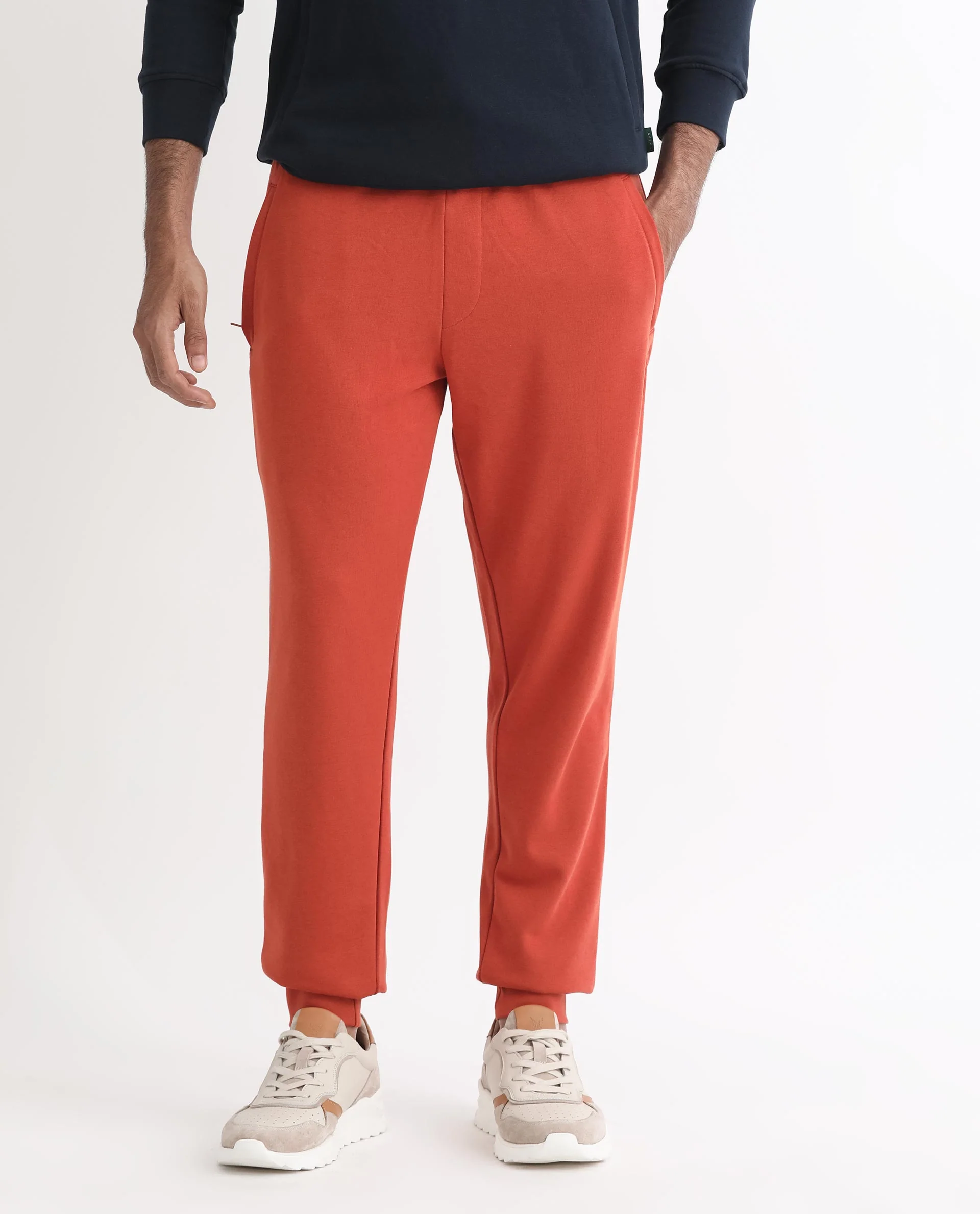 Rare Rabbit Men's Ogano Rust Cotton Plain Regular Fit Joggers - Image 6
