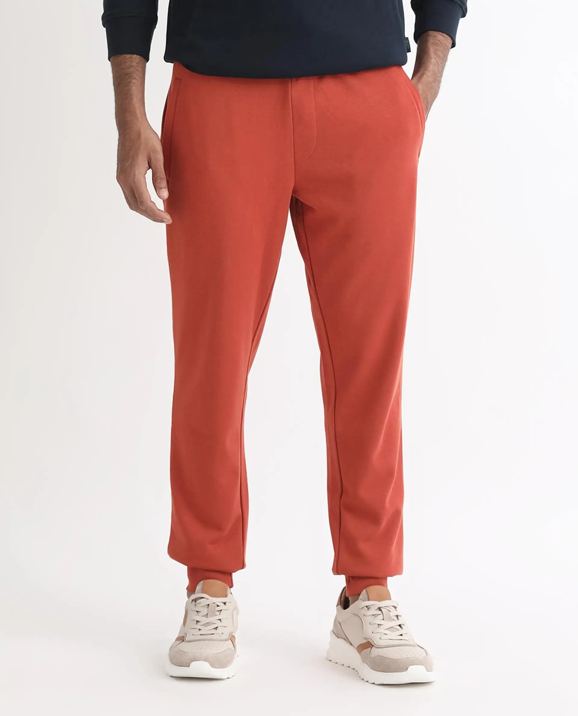 Rare Rabbit Men's Ogano Rust Cotton Plain Regular Fit Joggers - Image 8