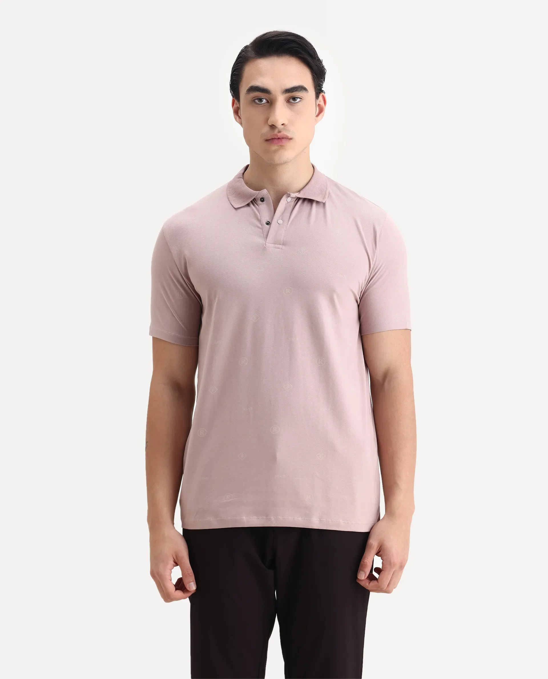 Rare Rabbit Men's Ogram Dusky Pink Cotton Monogram Print Regular Fit Half Sleeve Polo - Image 4
