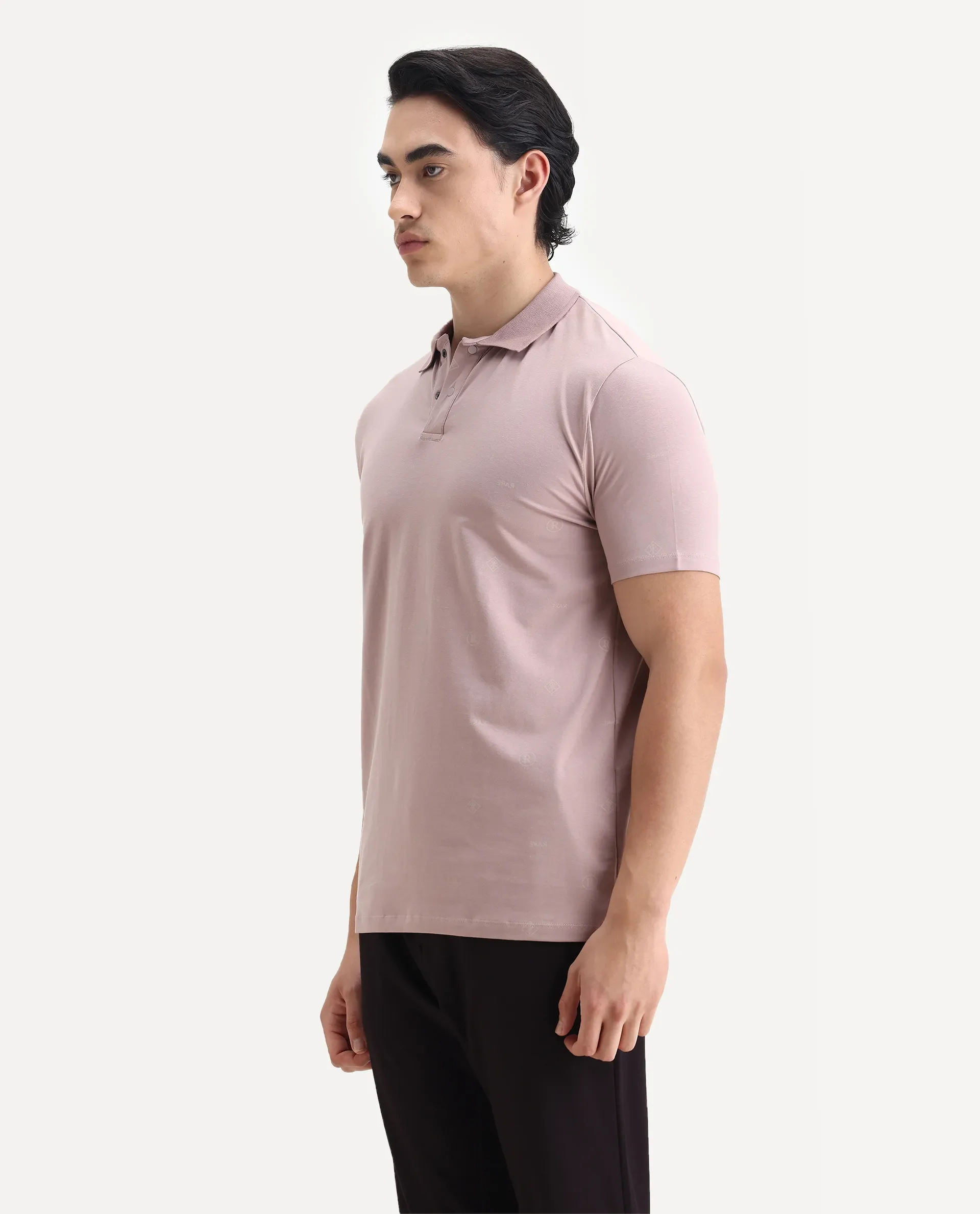 Rare Rabbit Men's Ogram Dusky Pink Cotton Monogram Print Regular Fit Half Sleeve Polo - Image 5