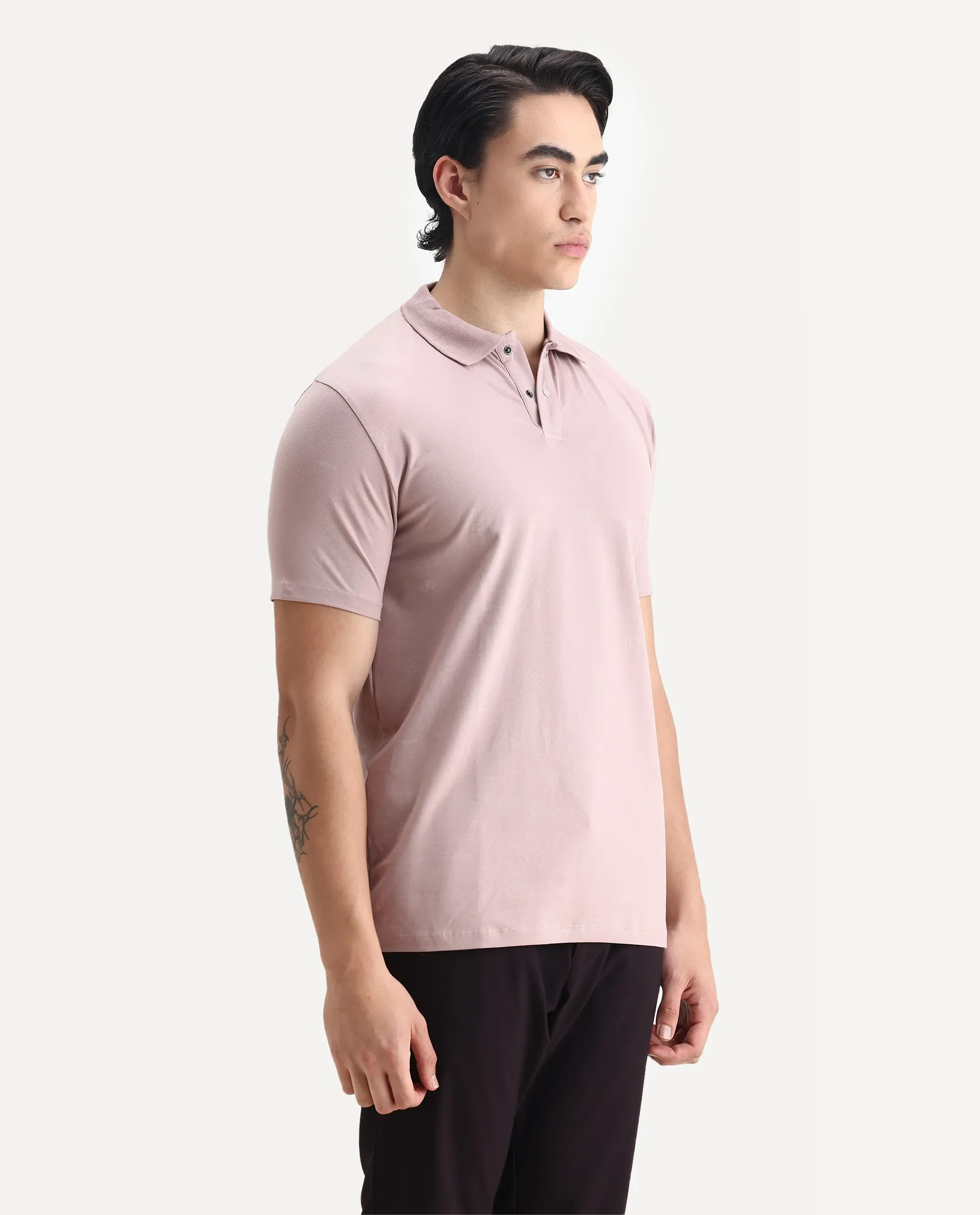 Rare Rabbit Men's Ogram Dusky Pink Cotton Monogram Print Regular Fit Half Sleeve Polo - Image 6