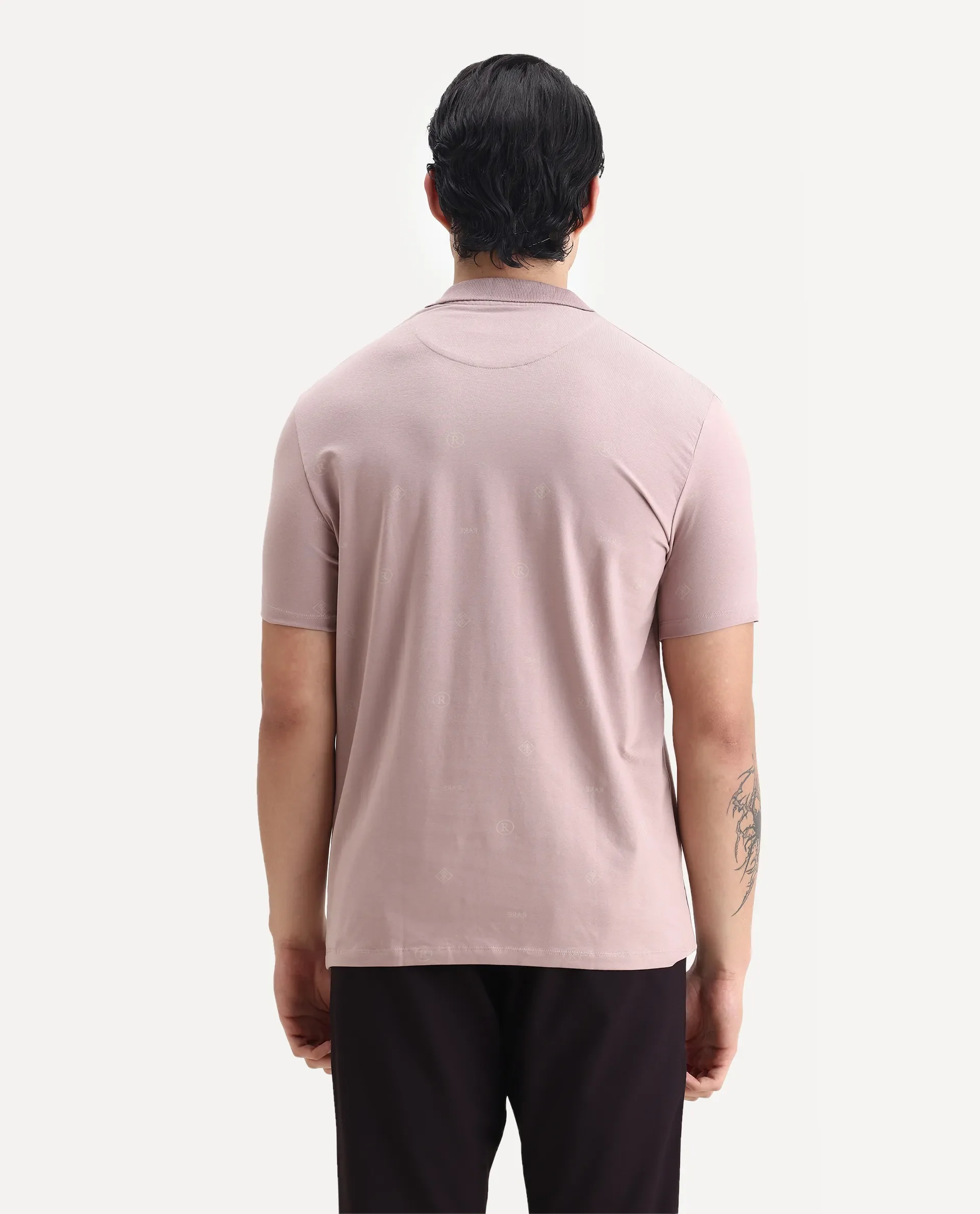 Rare Rabbit Men's Ogram Dusky Pink Cotton Monogram Print Regular Fit Half Sleeve Polo - Image 7