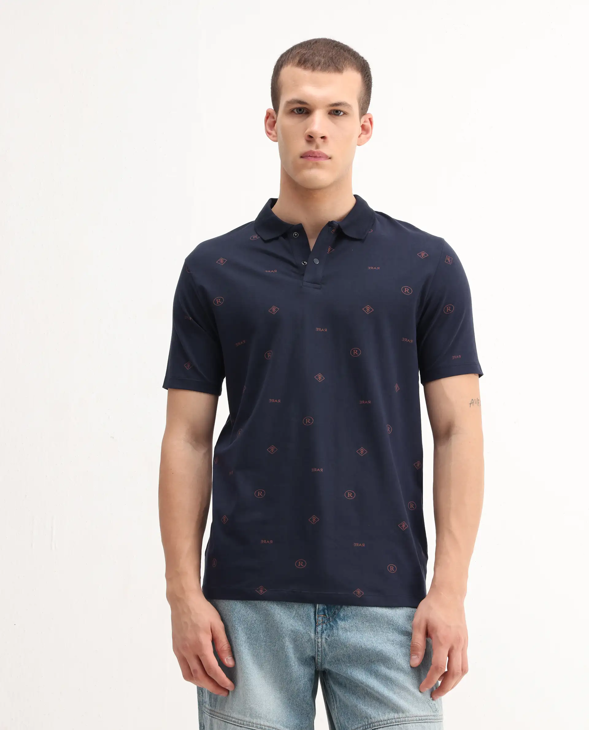 Rare Rabbit Men's Ogram Navy Cotton Monogram Print Regular Fit Half Sleeve Polo - Image 3