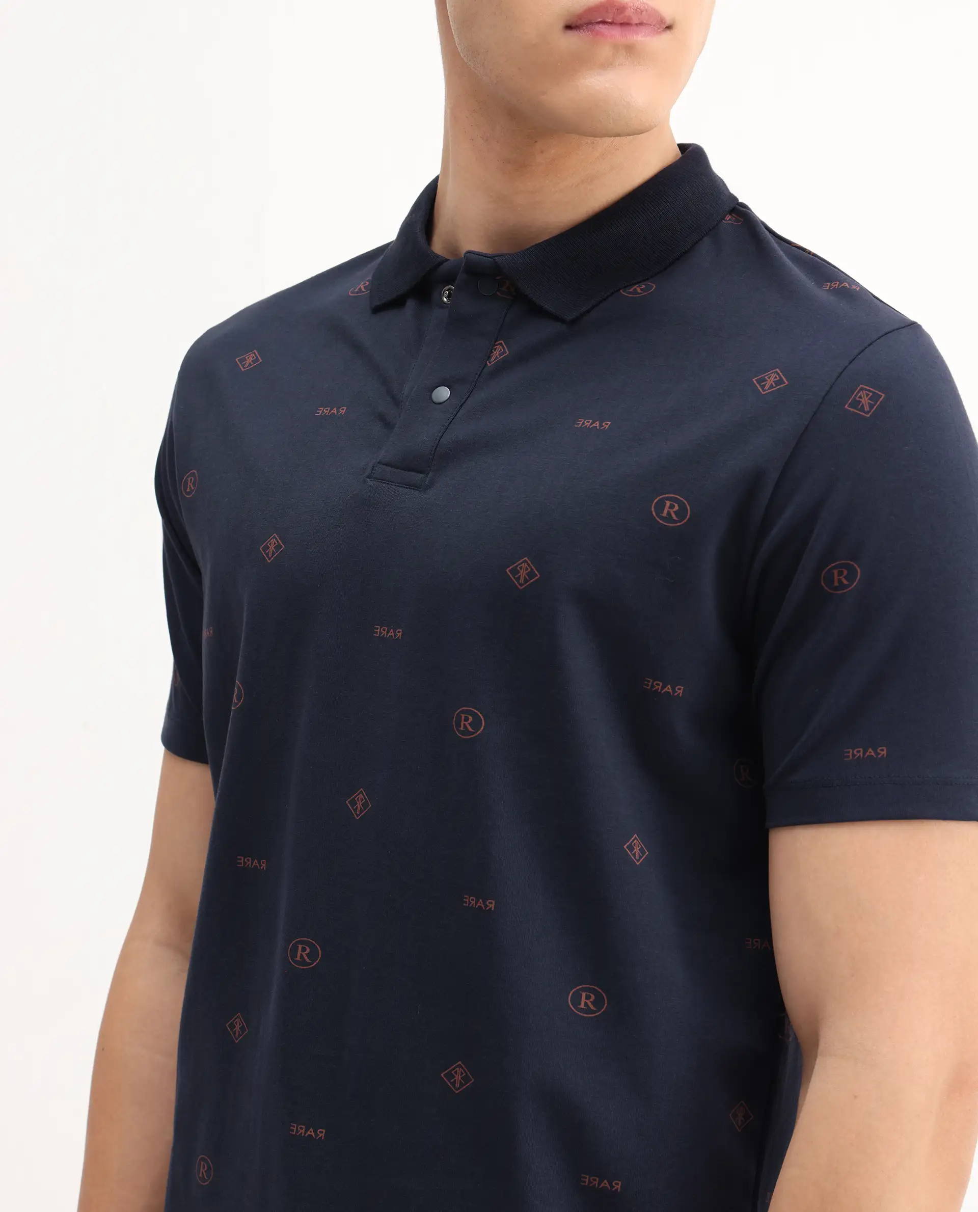 Rare Rabbit Men's Ogram Navy Cotton Monogram Print Regular Fit Half Sleeve Polo - Image 4