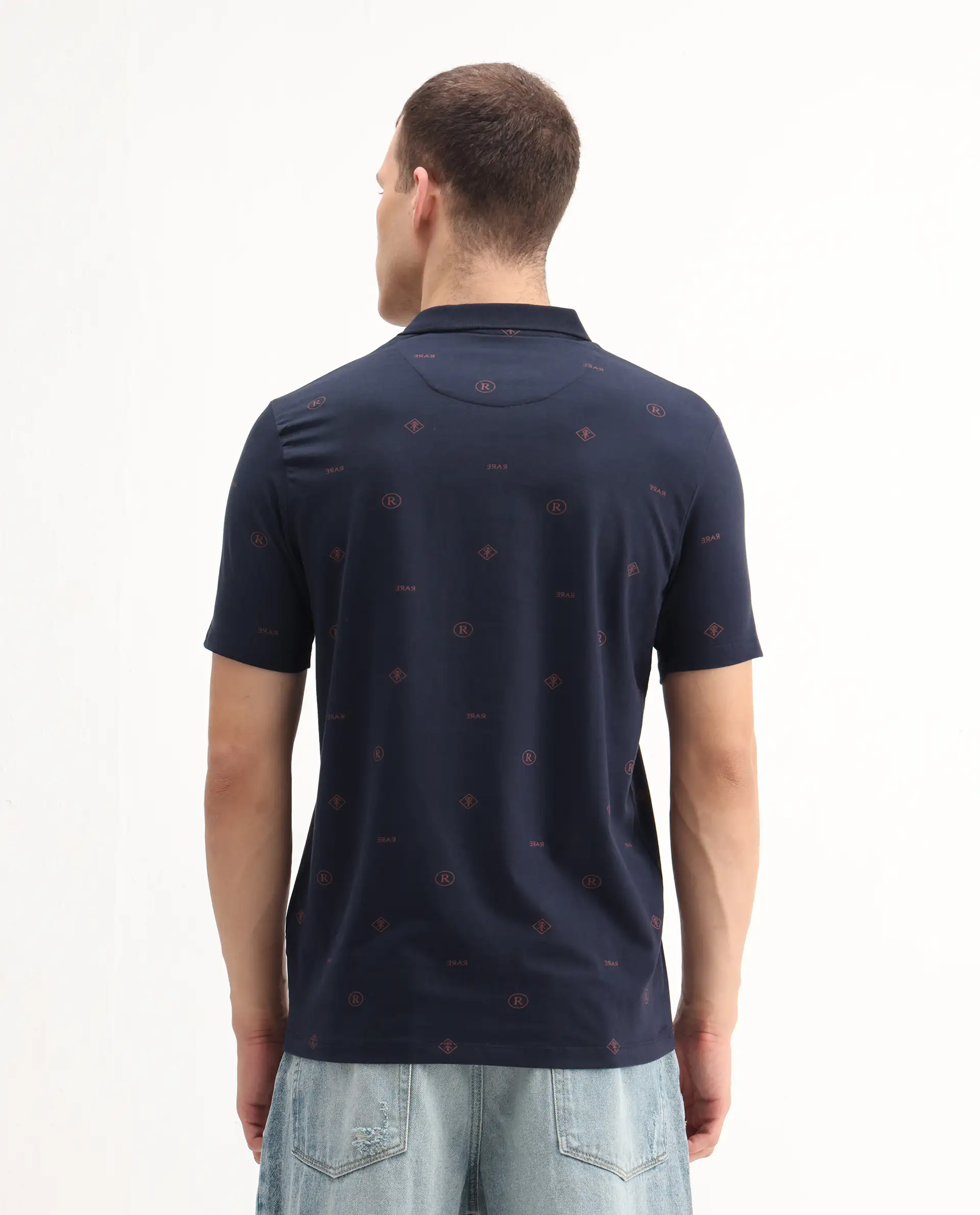 Rare Rabbit Men's Ogram Navy Cotton Monogram Print Regular Fit Half Sleeve Polo - Image 5