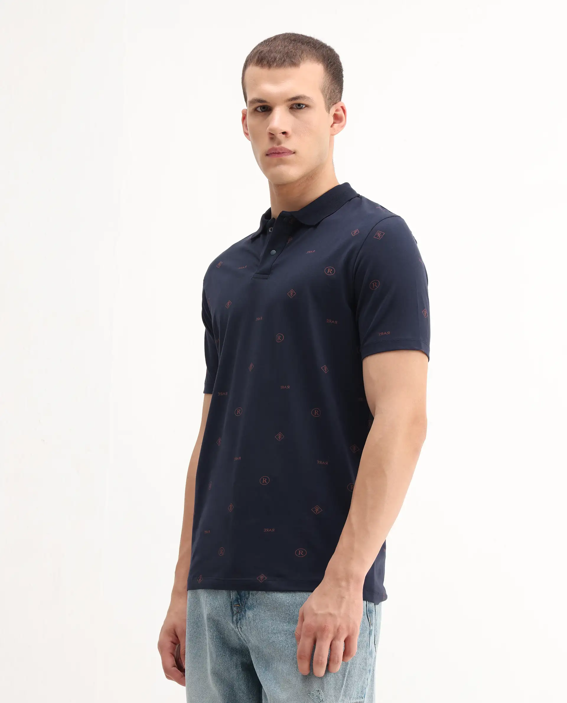 Rare Rabbit Men's Ogram Navy Cotton Monogram Print Regular Fit Half Sleeve Polo - Image 6