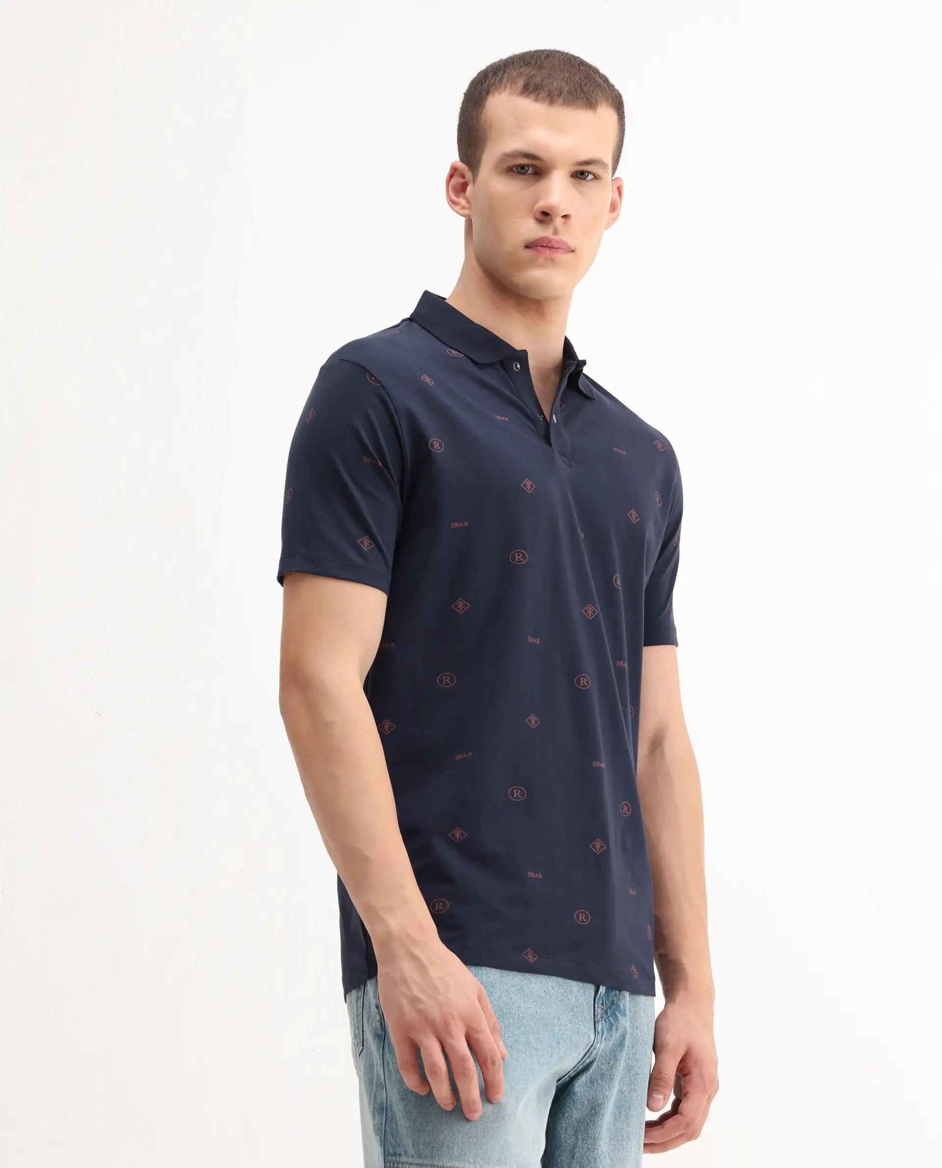 Rare Rabbit Men's Ogram Navy Cotton Monogram Print Regular Fit Half Sleeve Polo - Image 7