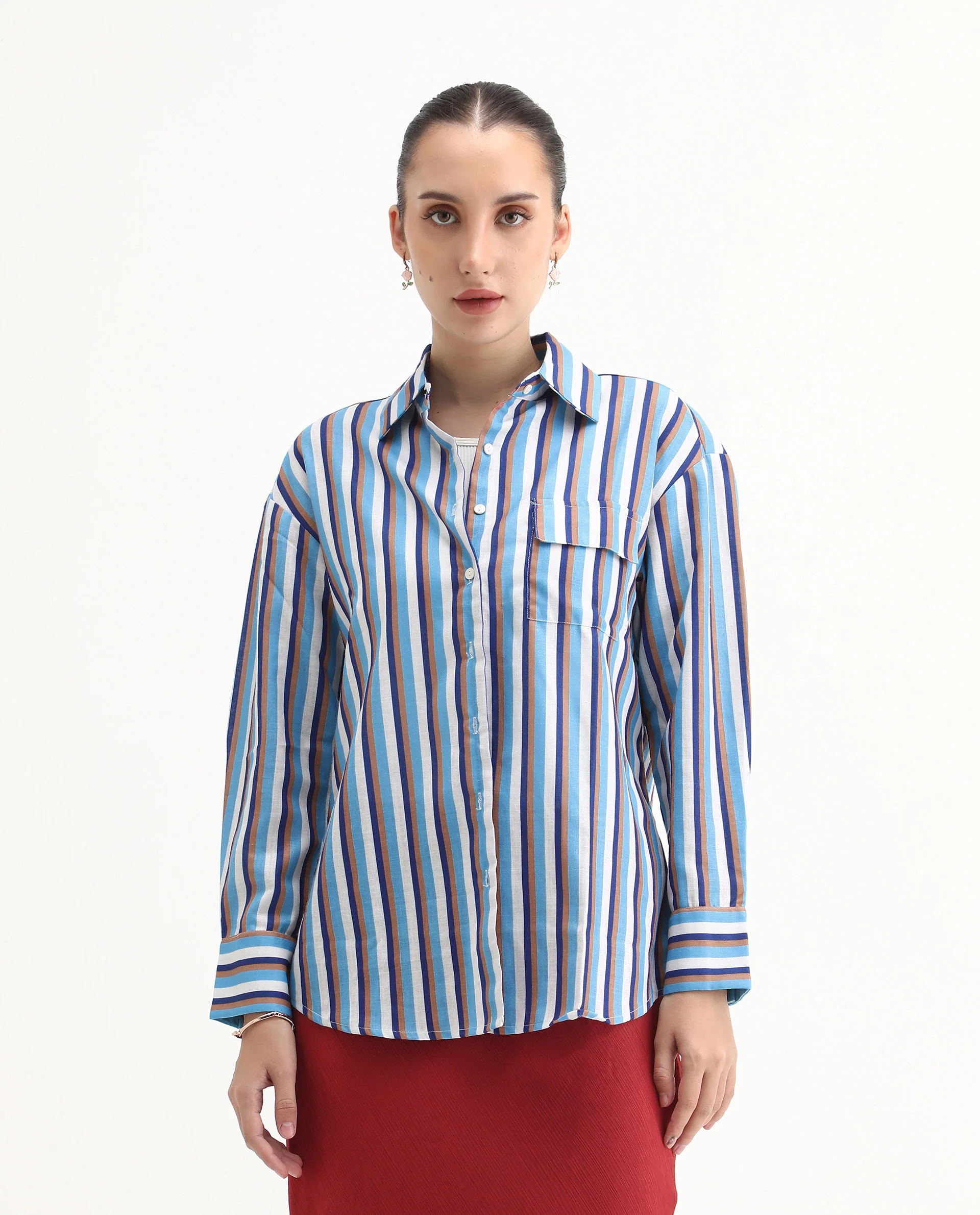 Rareism Women's Oharau Blue Polyester Drop Collar Striped Cuffed Sleeve Regular Fit Top - Image 3