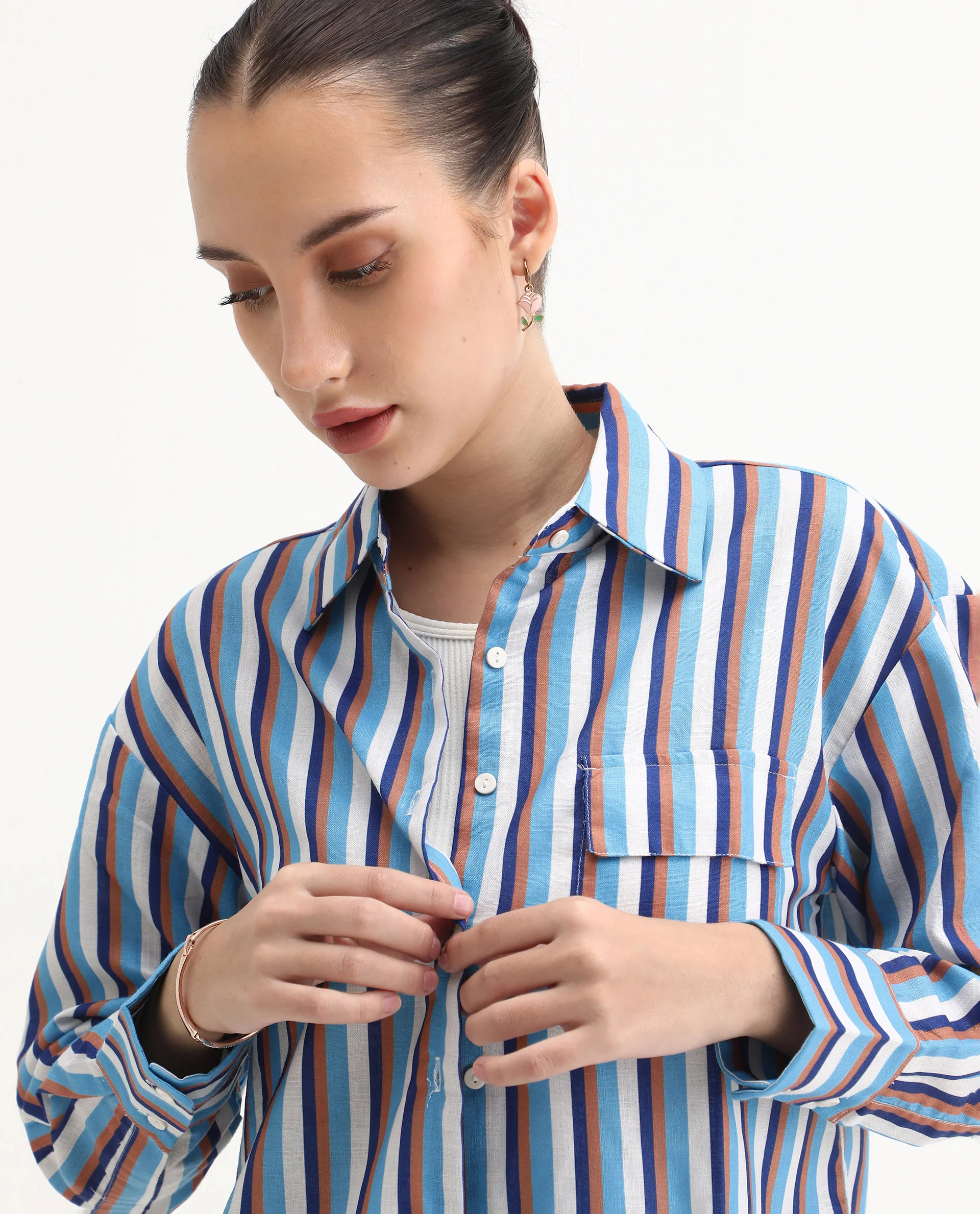 Rareism Women's Oharau Blue Polyester Drop Collar Striped Cuffed Sleeve Regular Fit Top - Image 4