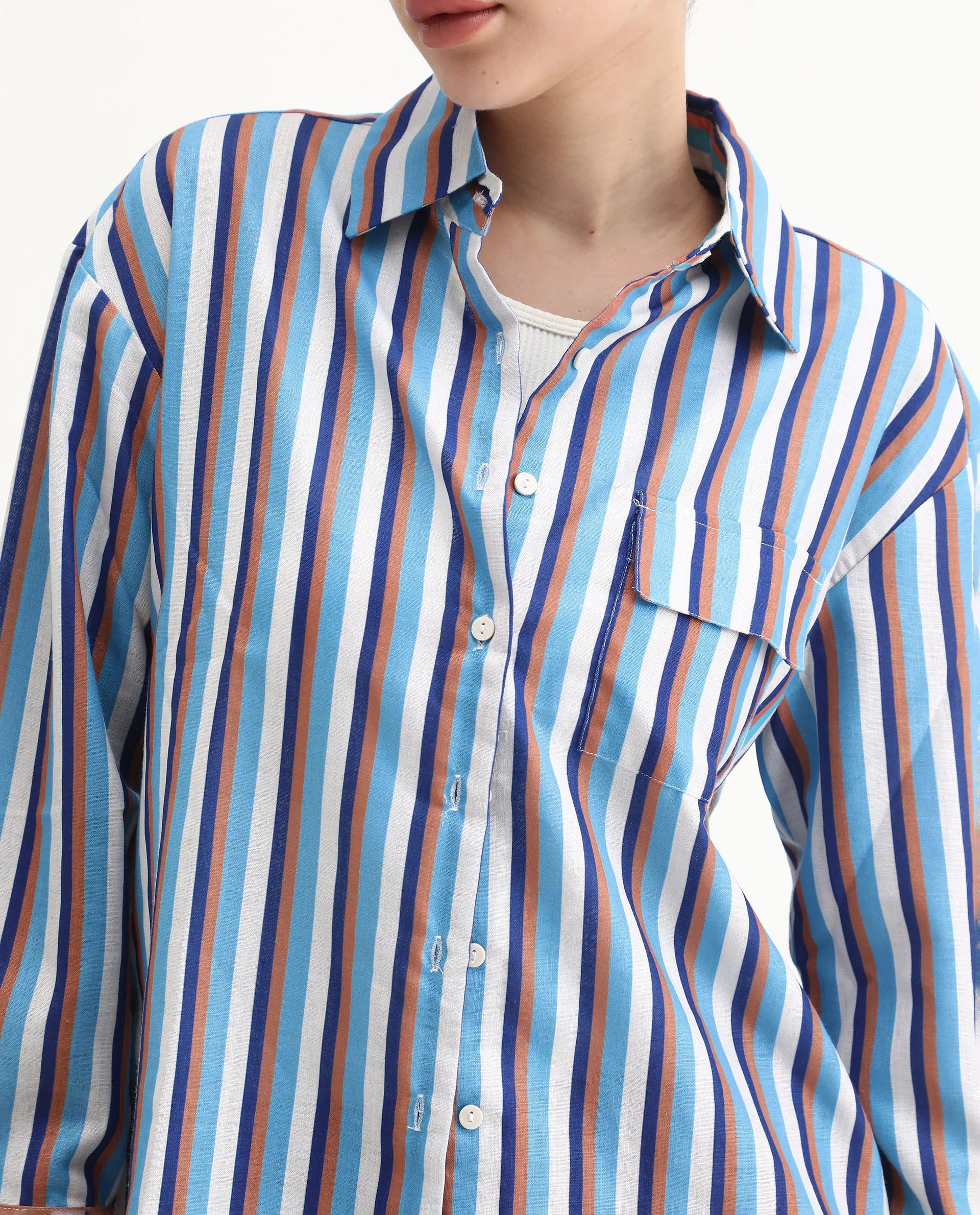 Rareism Women's Oharau Blue Polyester Drop Collar Striped Cuffed Sleeve Regular Fit Top - Image 5