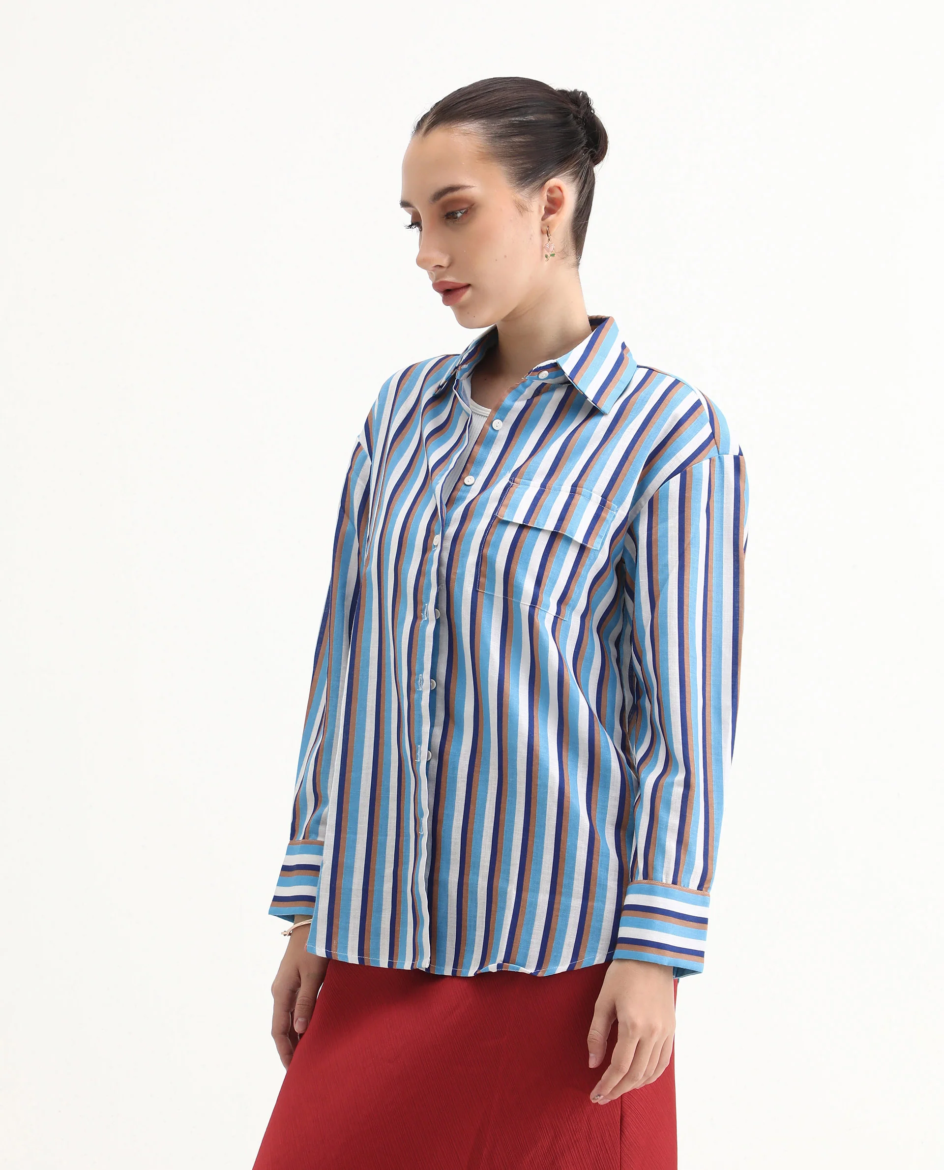 Rareism Women's Oharau Blue Polyester Drop Collar Striped Cuffed Sleeve Regular Fit Top - Image 6