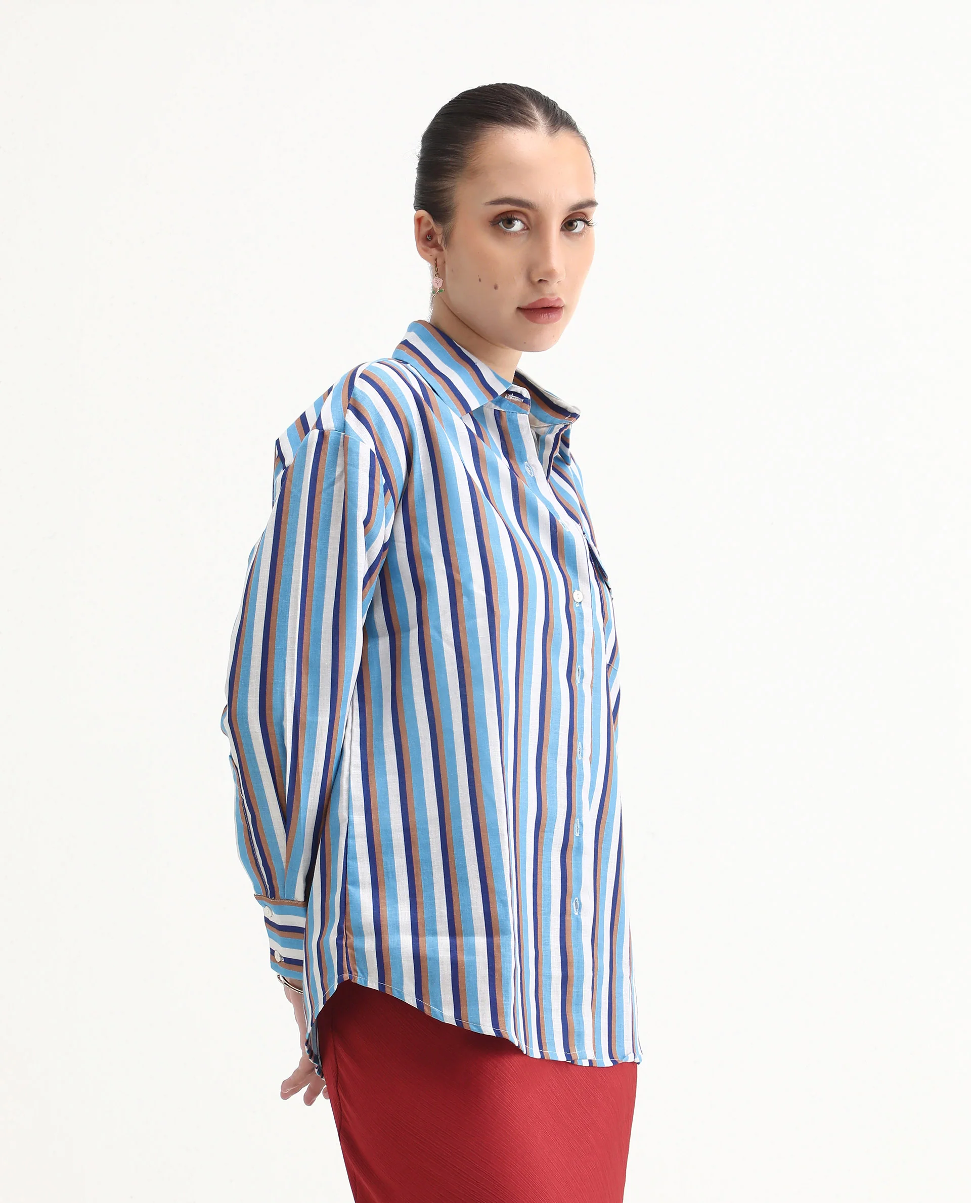 Rareism Women's Oharau Blue Polyester Drop Collar Striped Cuffed Sleeve Regular Fit Top - Image 7