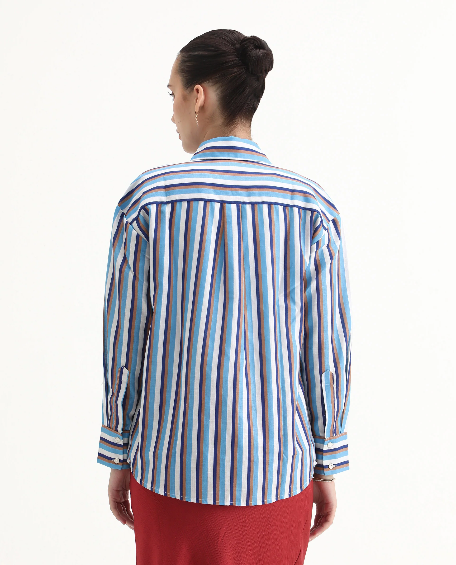 Rareism Women's Oharau Blue Polyester Drop Collar Striped Cuffed Sleeve Regular Fit Top - Image 8