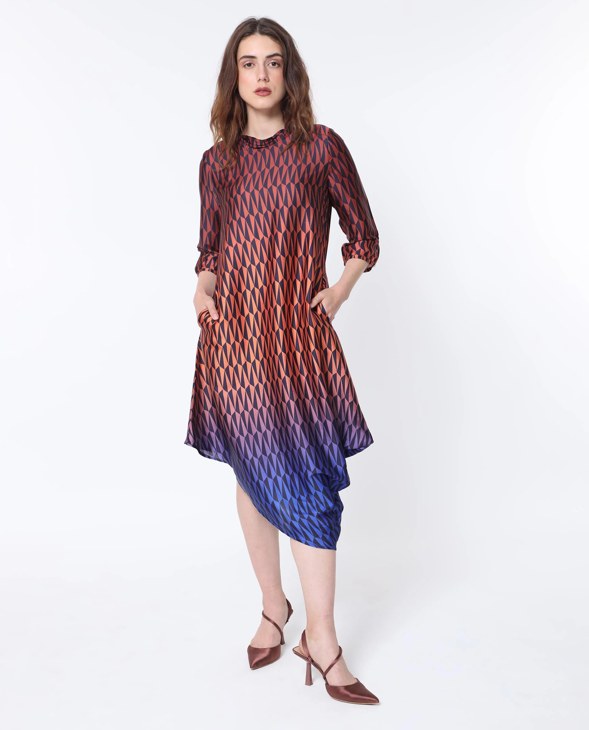 Rareism Women's Ohren Multi Polyester High Neck Geometric Print Midi Relaxed Fit Dress