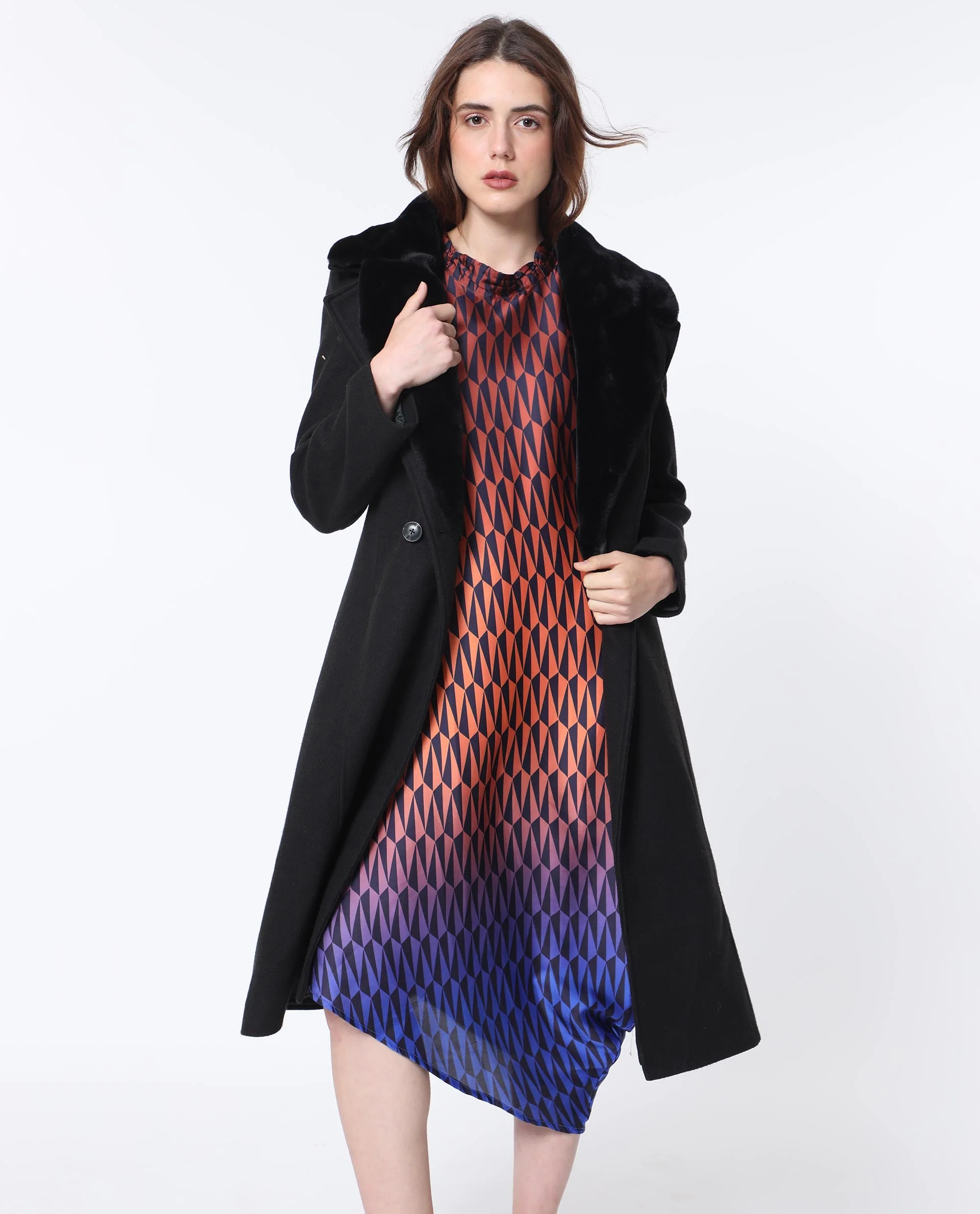Rareism Women's Ohren Multi Polyester High Neck Geometric Print Midi Relaxed Fit Dress - Image 2