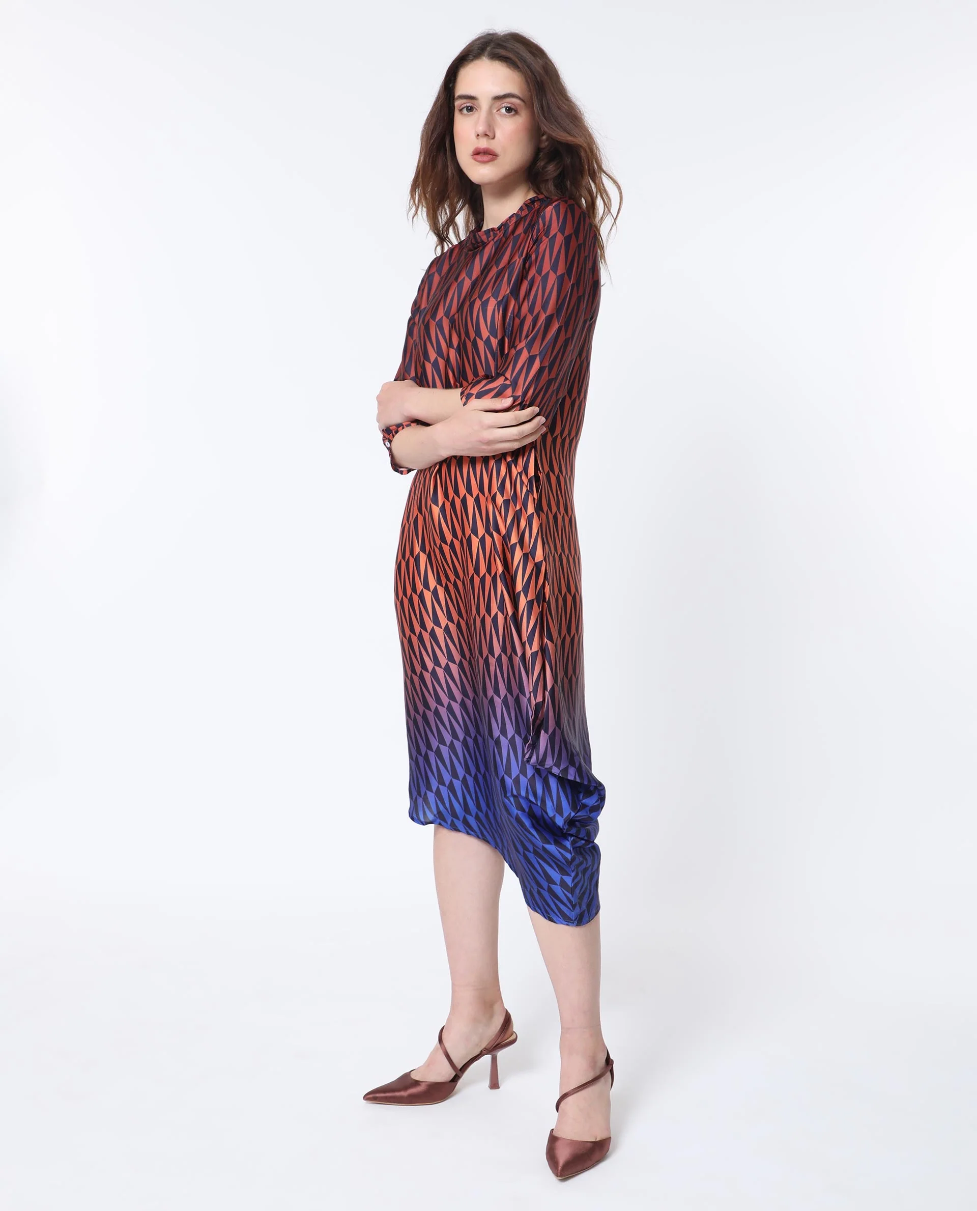 Rareism Women's Ohren Multi Polyester High Neck Geometric Print Midi Relaxed Fit Dress - Image 3