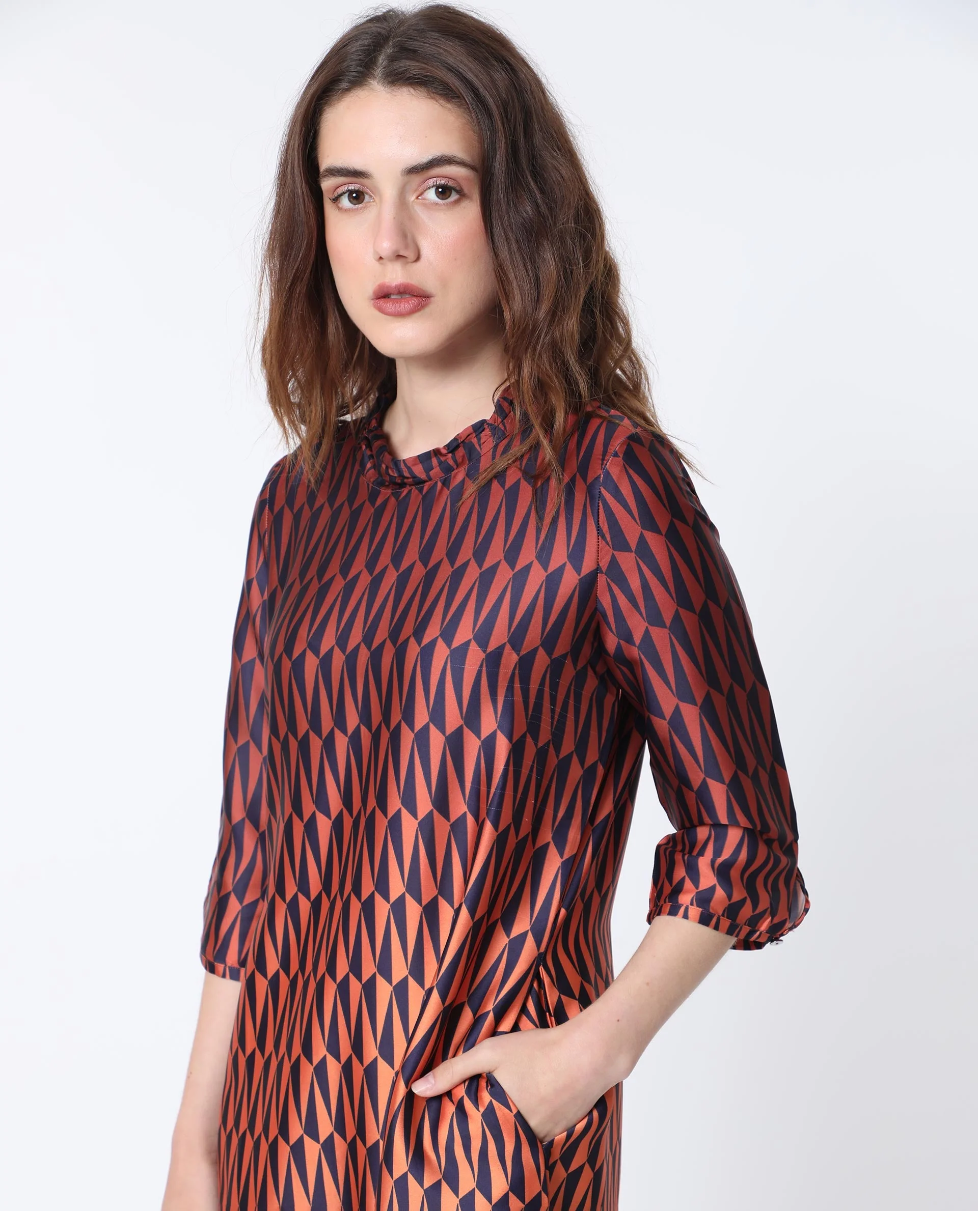 Rareism Women's Ohren Multi Polyester High Neck Geometric Print Midi Relaxed Fit Dress - Image 4