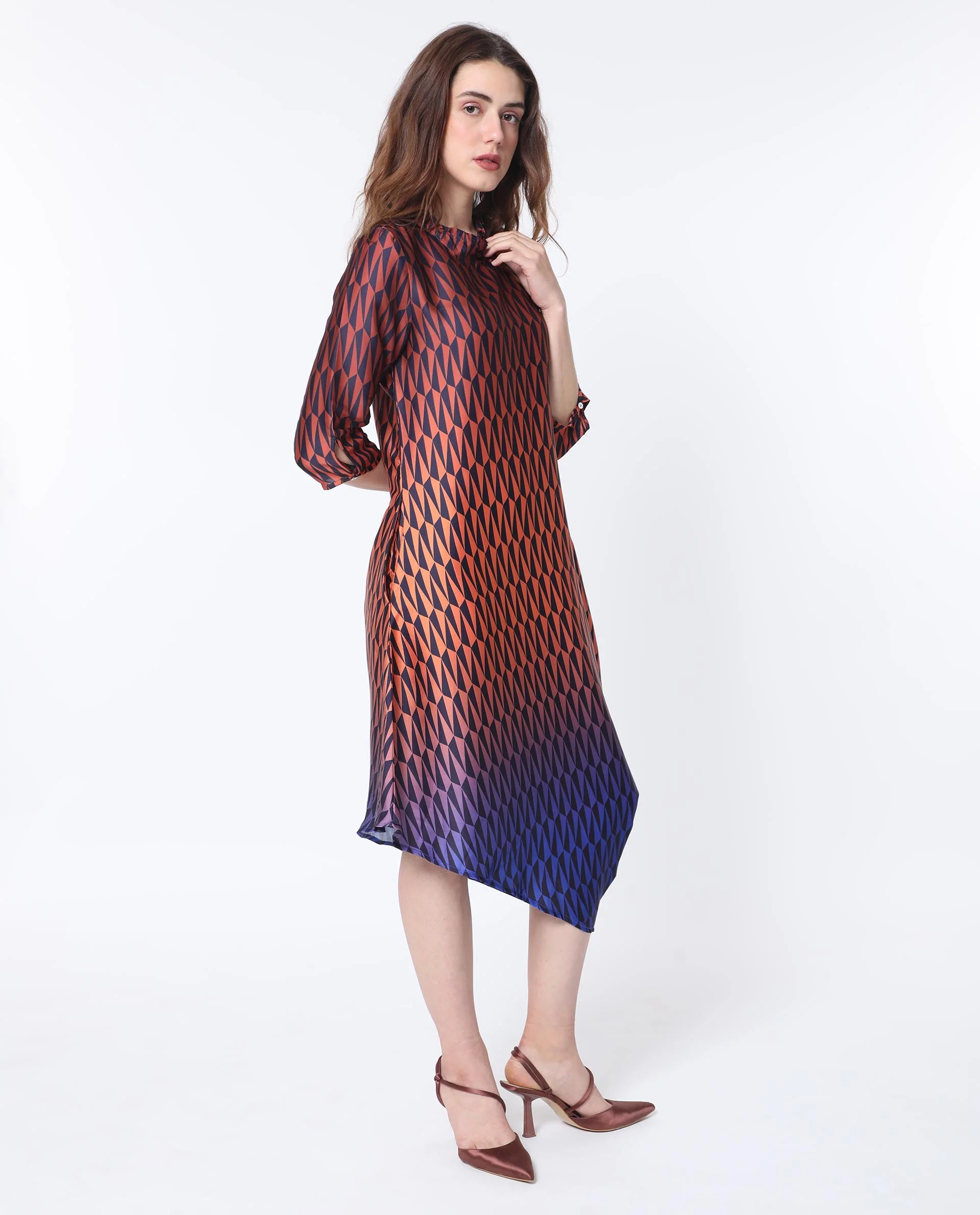 Rareism Women's Ohren Multi Polyester High Neck Geometric Print Midi Relaxed Fit Dress - Image 7