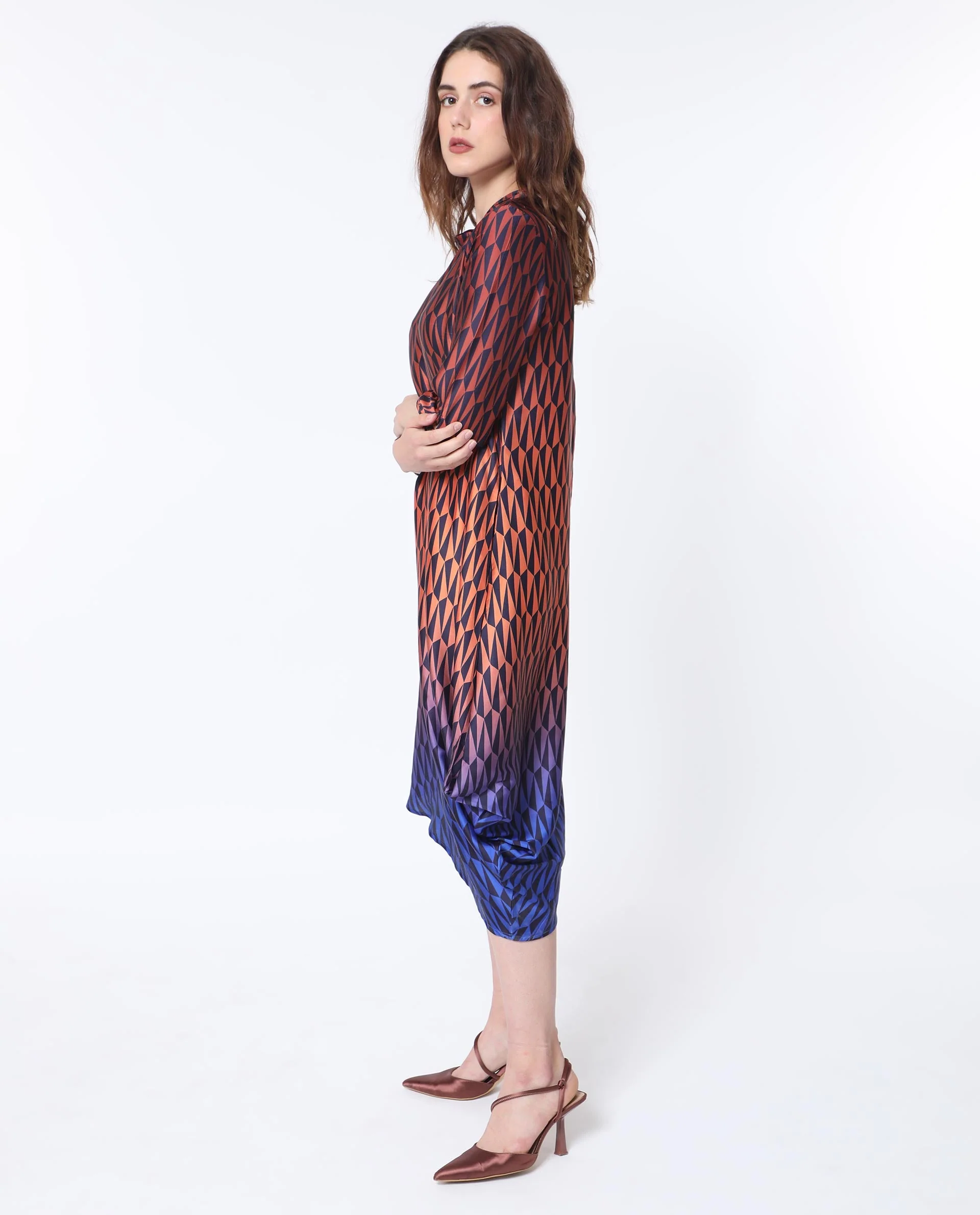 Rareism Women's Ohren Multi Polyester High Neck Geometric Print Midi Relaxed Fit Dress - Image 8