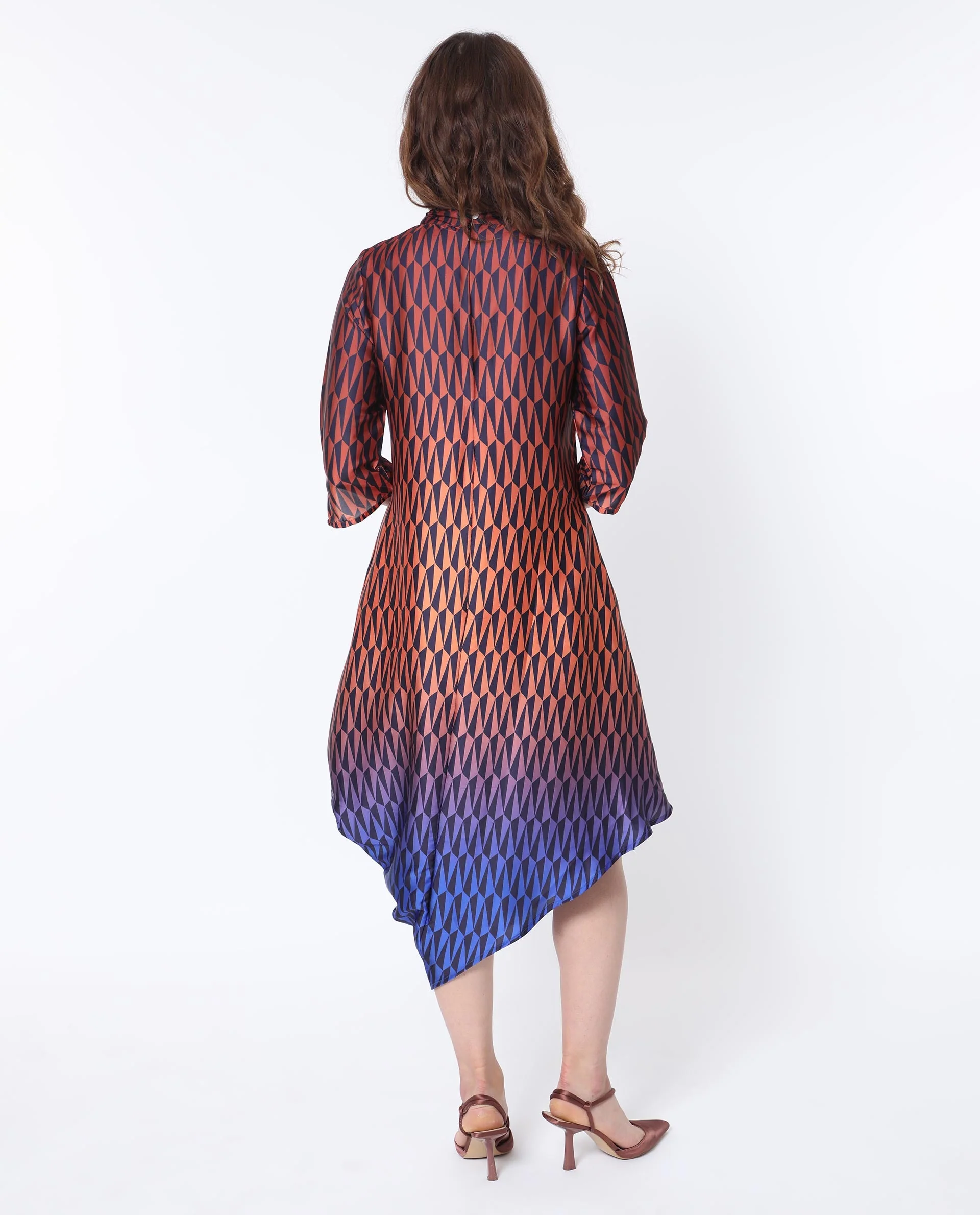 Rareism Women's Ohren Multi Polyester High Neck Geometric Print Midi Relaxed Fit Dress - Image 9