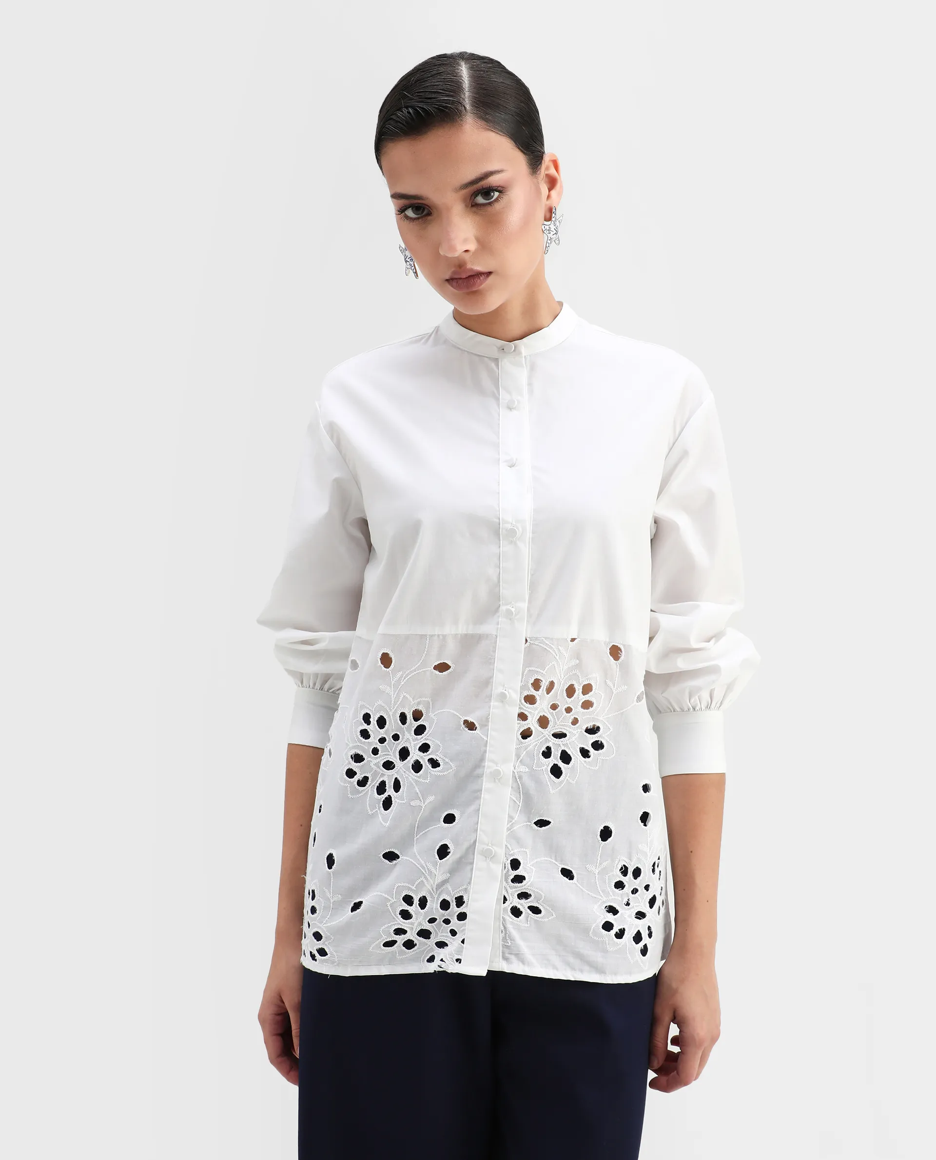 Rareism Women's Oia White Cotton Mandarin Collar Plain Cuffed Sleeve Relaxed Fit Top