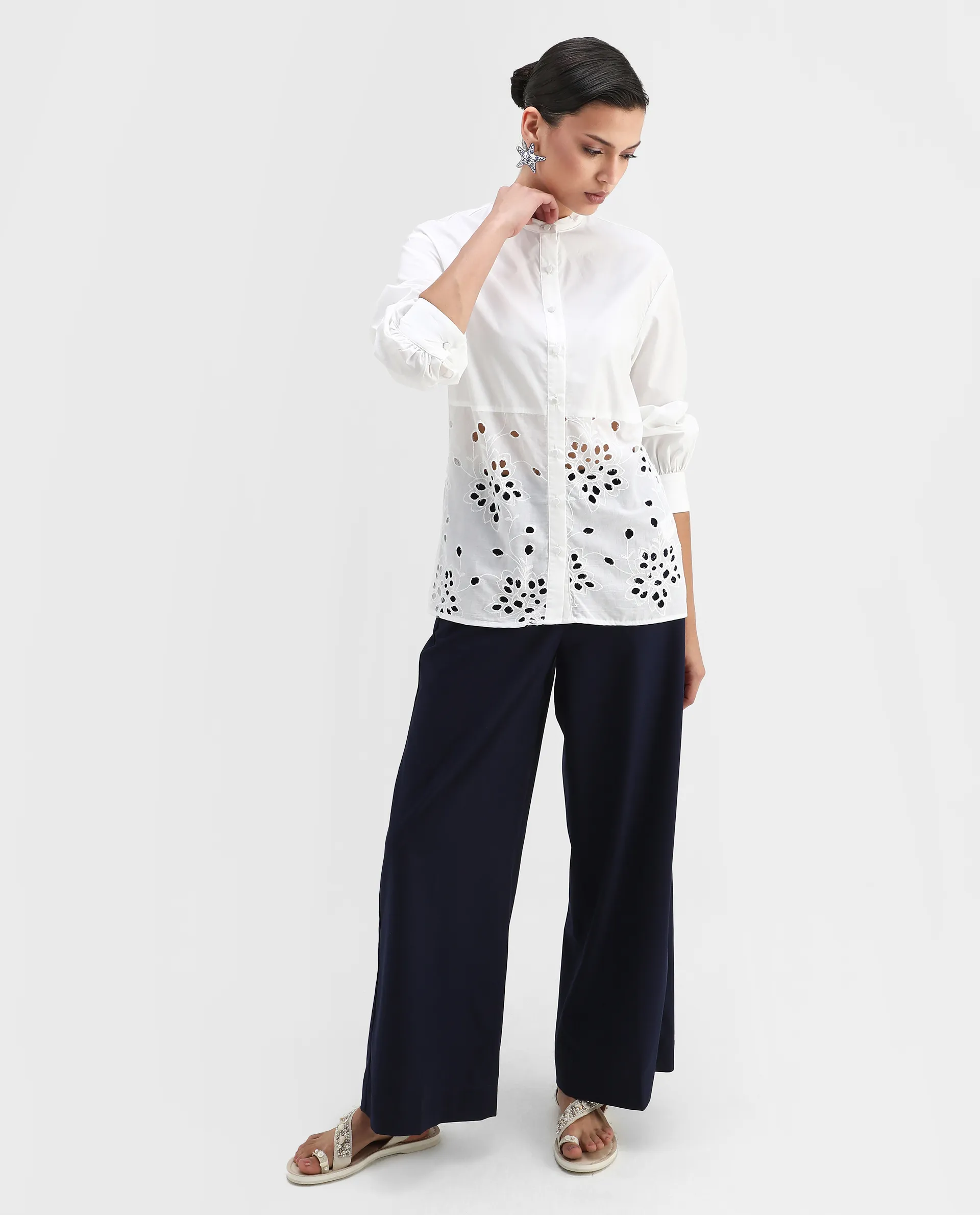 Rareism Women's Oia White Cotton Mandarin Collar Plain Cuffed Sleeve Relaxed Fit Top - Image 2