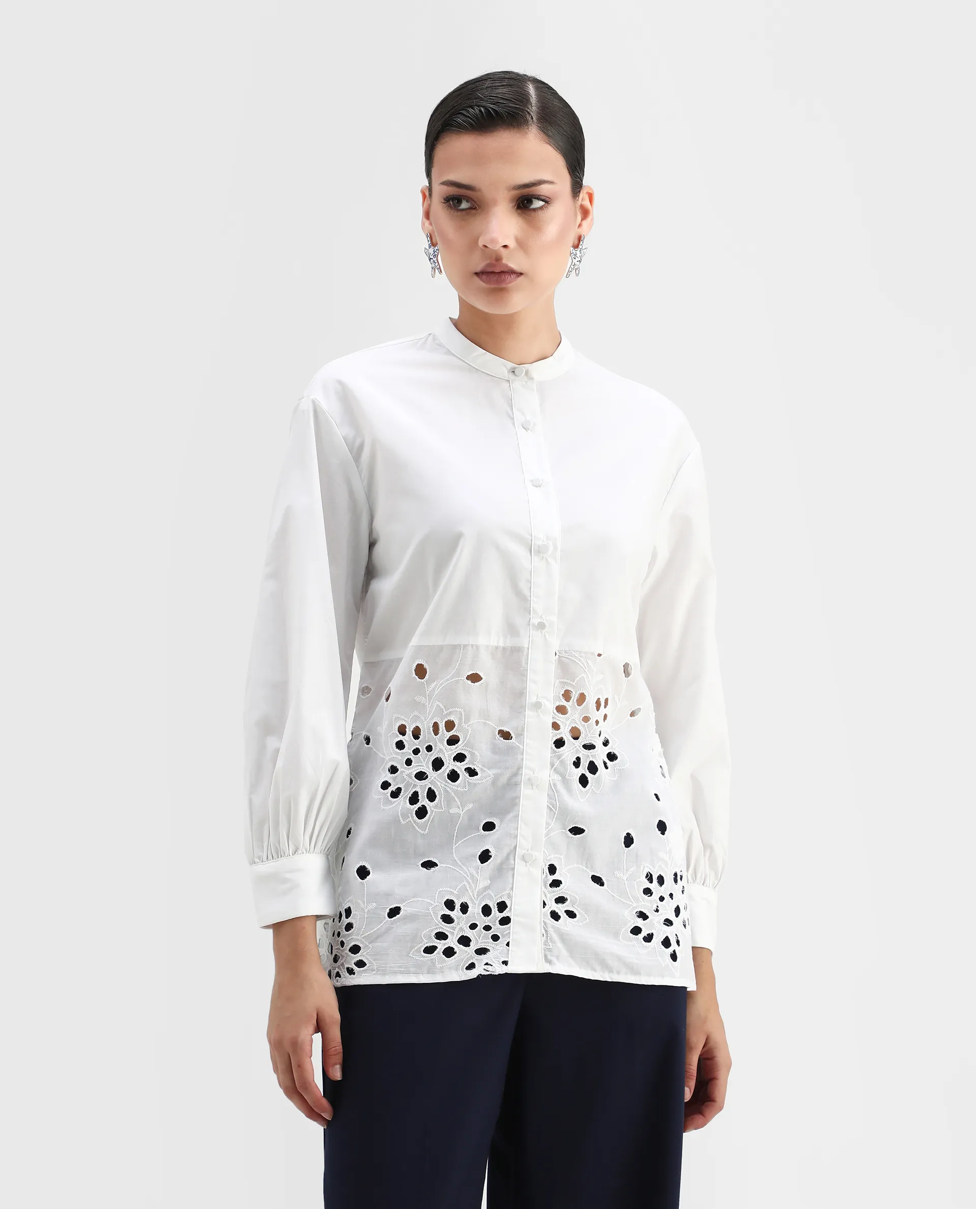 Rareism Women's Oia White Cotton Mandarin Collar Plain Cuffed Sleeve Relaxed Fit Top - Image 3