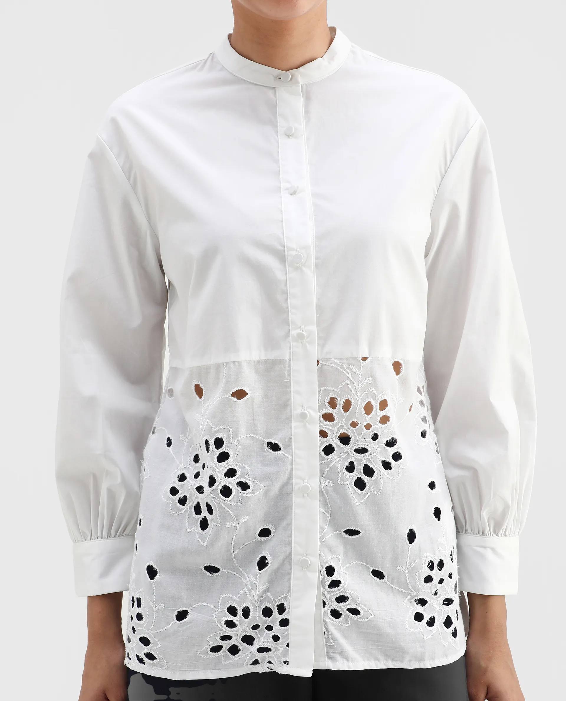 Rareism Women's Oia White Cotton Mandarin Collar Plain Cuffed Sleeve Relaxed Fit Top - Image 4